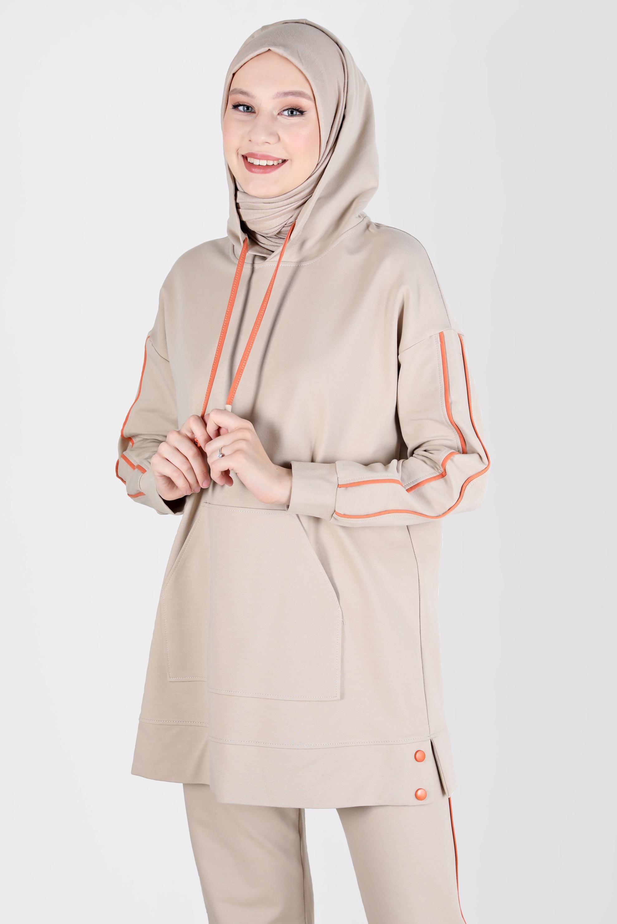 Vêtements hijab BEIGE ENSEMBLE SURVÊTEMENT 2 PIÈCES À CAPUCHE RAYÉ AVEC PANTALON 42594