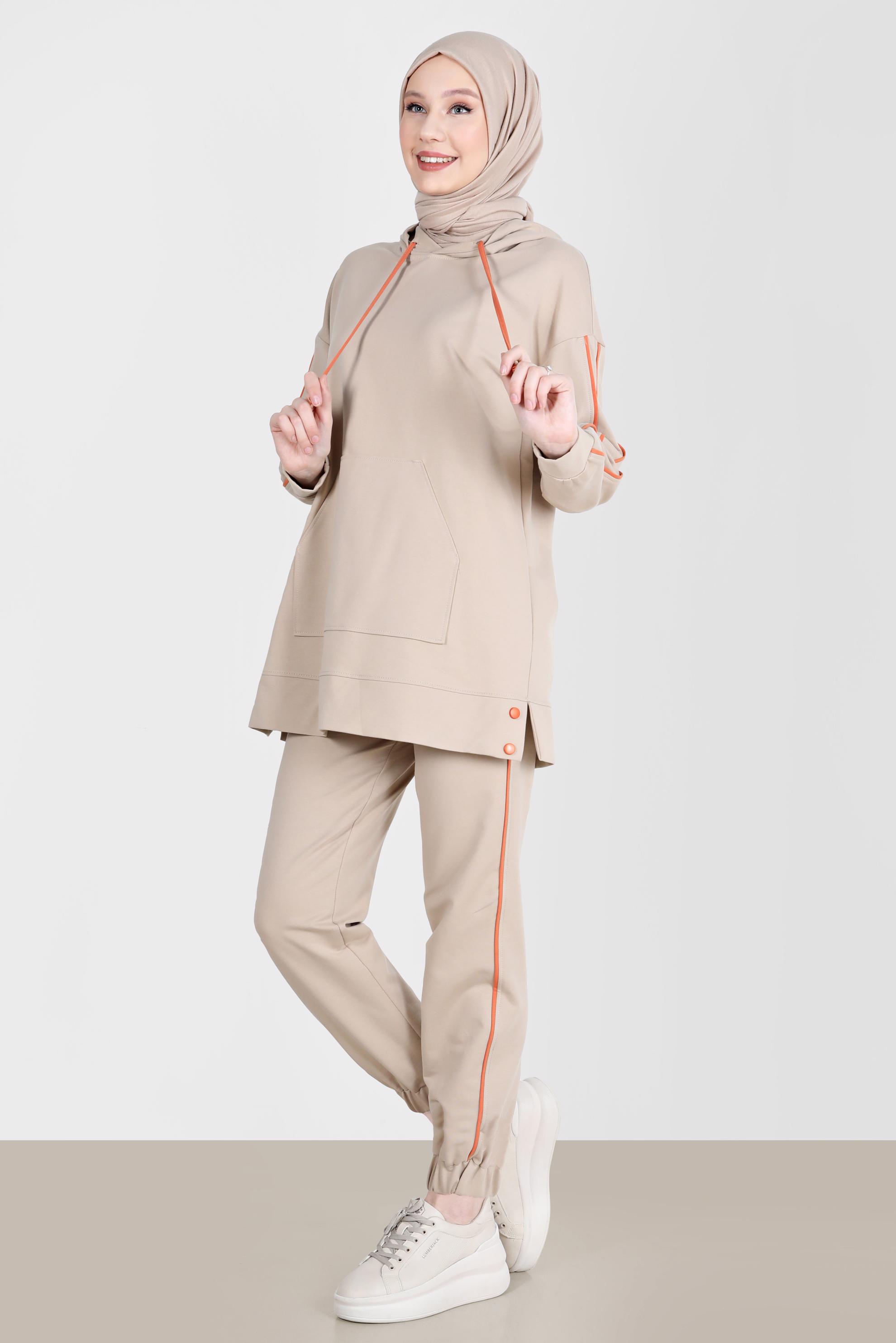 Vêtements hijab BEIGE ENSEMBLE SURVÊTEMENT 2 PIÈCES À CAPUCHE RAYÉ AVEC PANTALON 42594