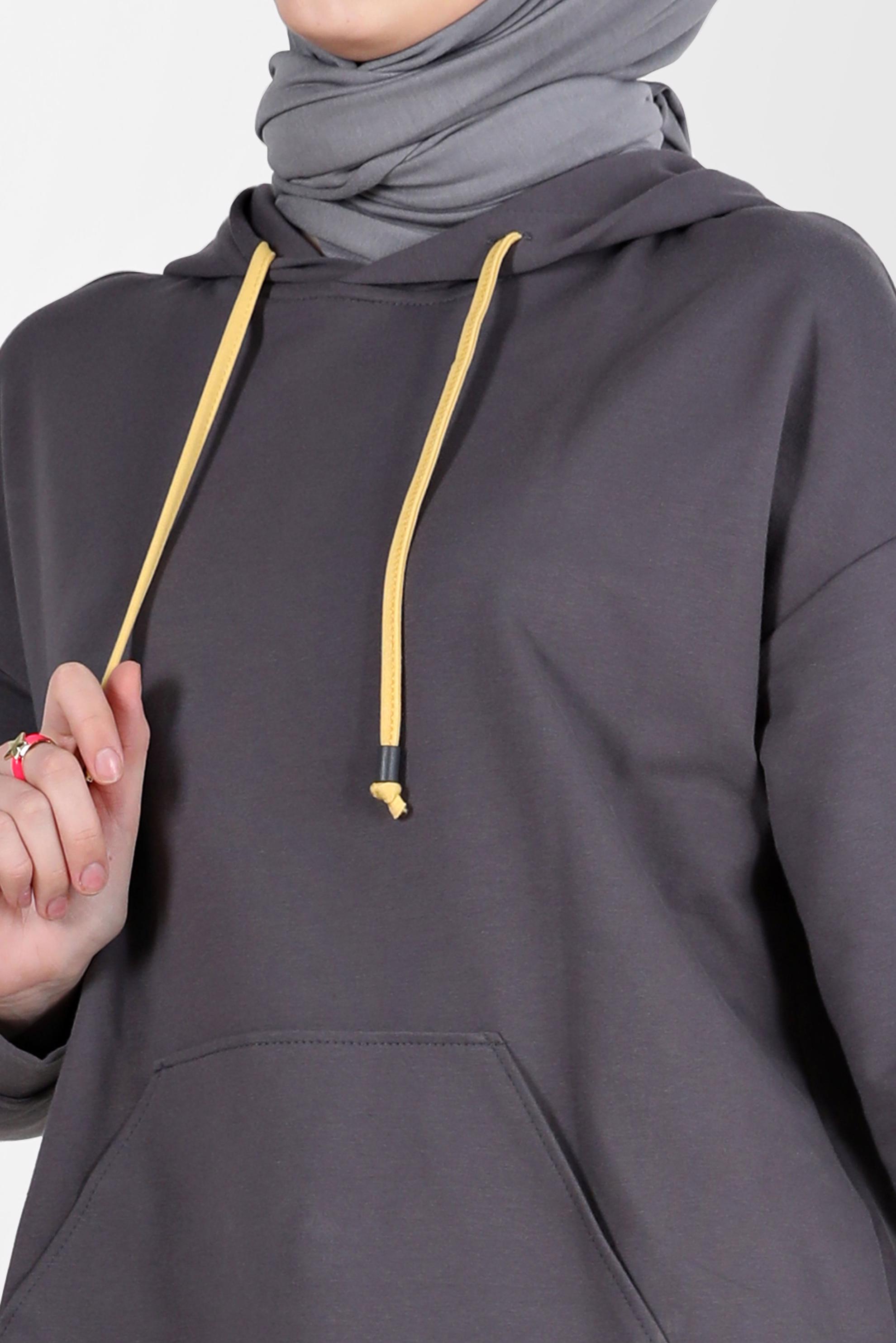 Tesettür giyim GRİ KAPÜŞONLU ŞERİT DETAYLI İKİLİ PANTOLON EŞOFMAN TAKIMI 42594