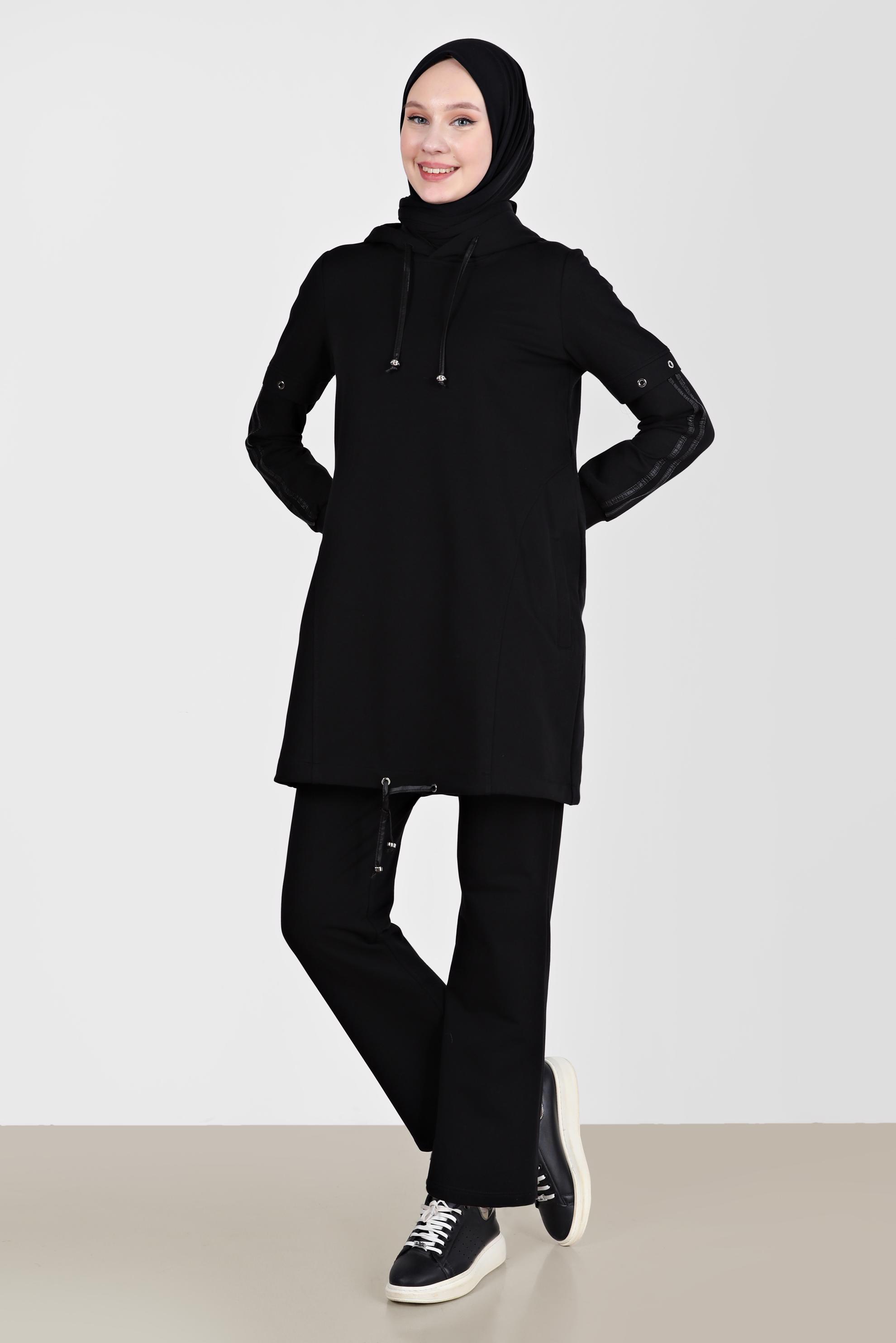 Vêtements hijab NOIR ENSEMBLE DE SURVÊTEMENT 2 PIÈCES À CAPUCHE AVEC ŒILLETS 42595