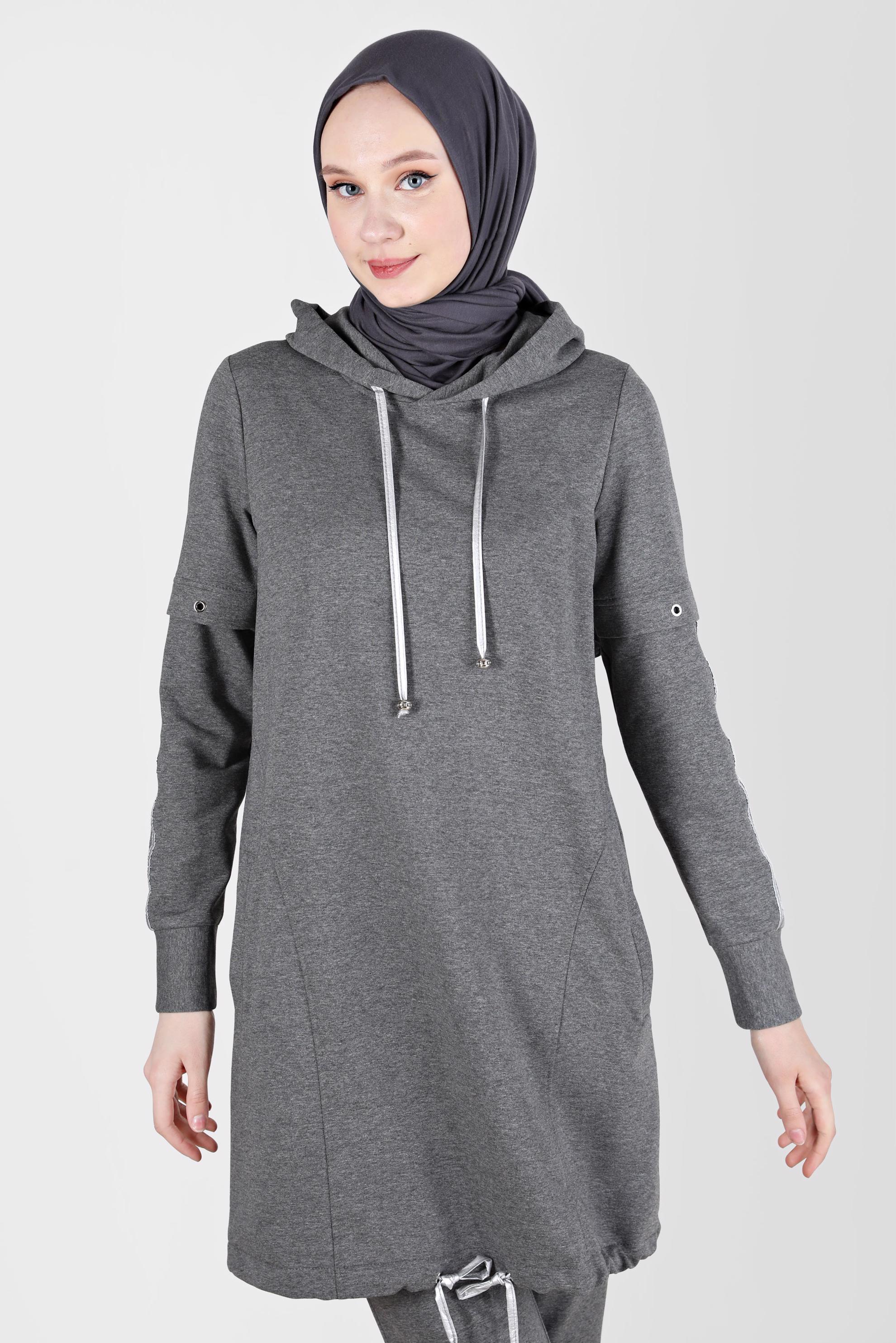 Tesettür giyim GRİ KUŞGÖZÜ DETAYLI KAPÜŞONLU İKİLİ PANT. EŞOFMAN TAKIMI 42595 