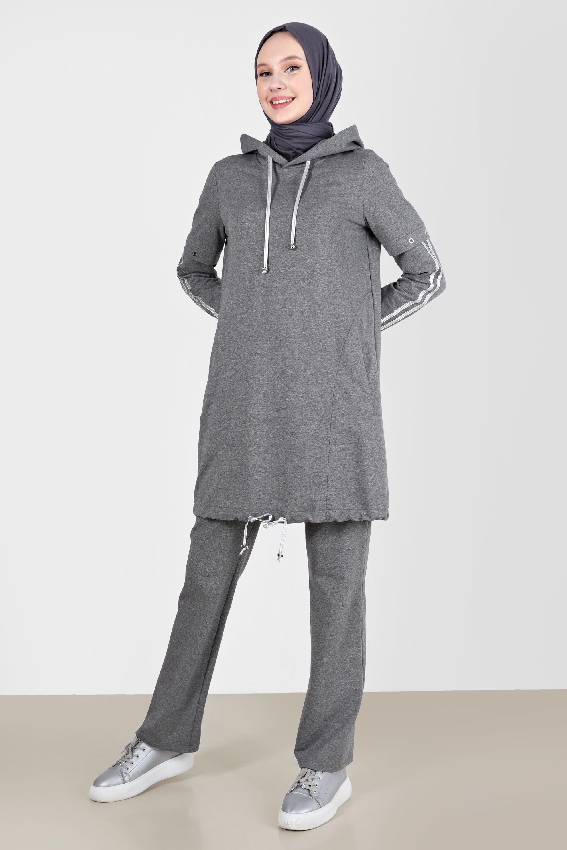 Tesettür giyim GRİ KUŞGÖZÜ DETAYLI KAPÜŞONLU İKİLİ PANT. EŞOFMAN TAKIMI 42595 