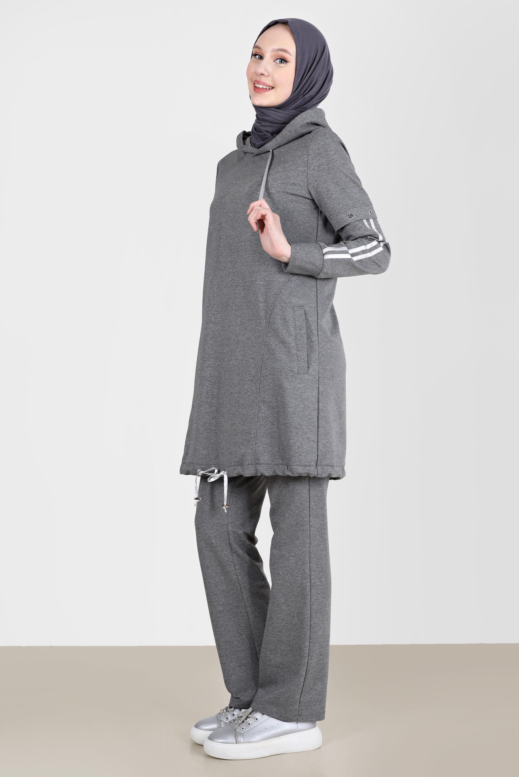 Tesettür giyim GRİ KUŞGÖZÜ DETAYLI KAPÜŞONLU İKİLİ PANT. EŞOFMAN TAKIMI 42595 