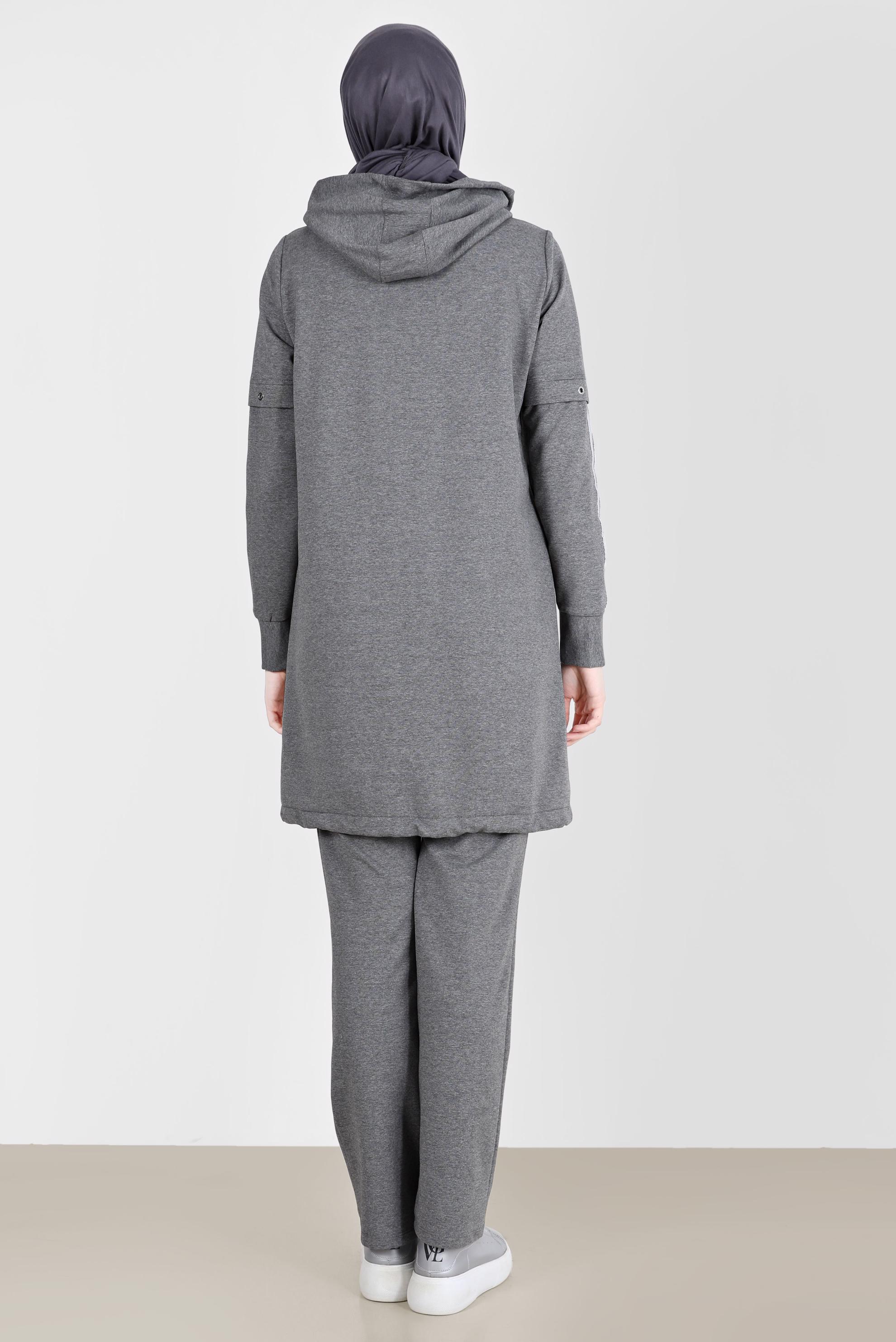 Tesettür giyim GRİ KUŞGÖZÜ DETAYLI KAPÜŞONLU İKİLİ PANT. EŞOFMAN TAKIMI 42595 
