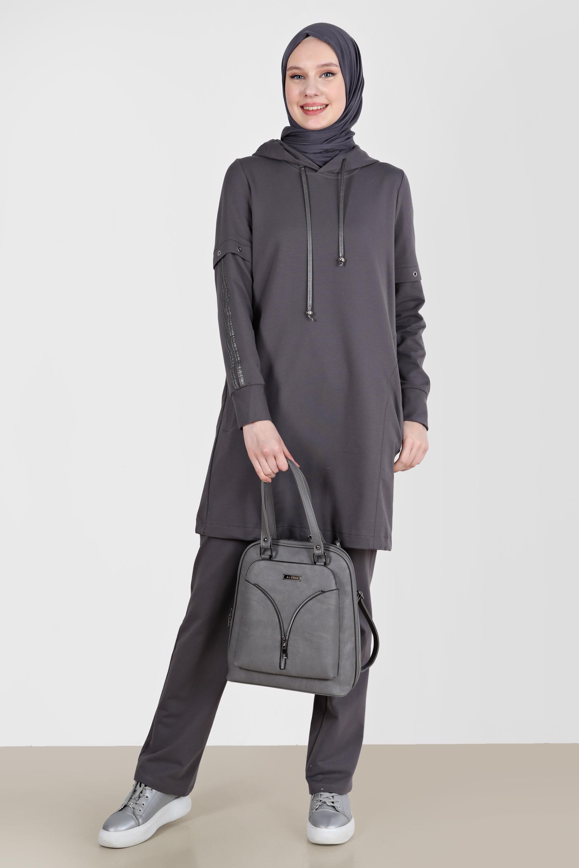 Tesettür giyim GRİ KUŞGÖZÜ DETAYLI KAPÜŞONLU İKİLİ PANT. EŞOFMAN TAKIMI 42595 