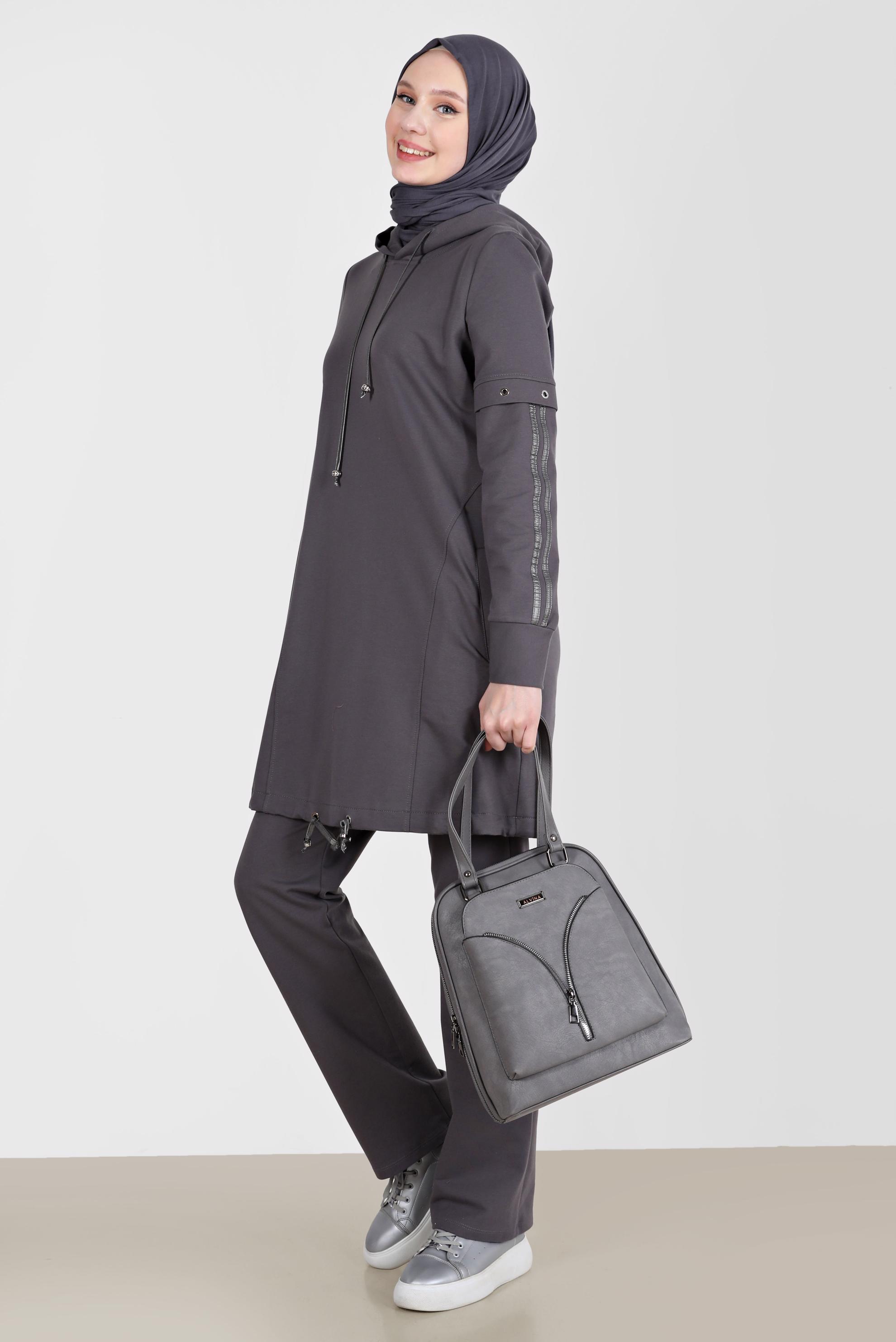 Tesettür giyim GRİ KUŞGÖZÜ DETAYLI KAPÜŞONLU İKİLİ PANT. EŞOFMAN TAKIMI 42595 