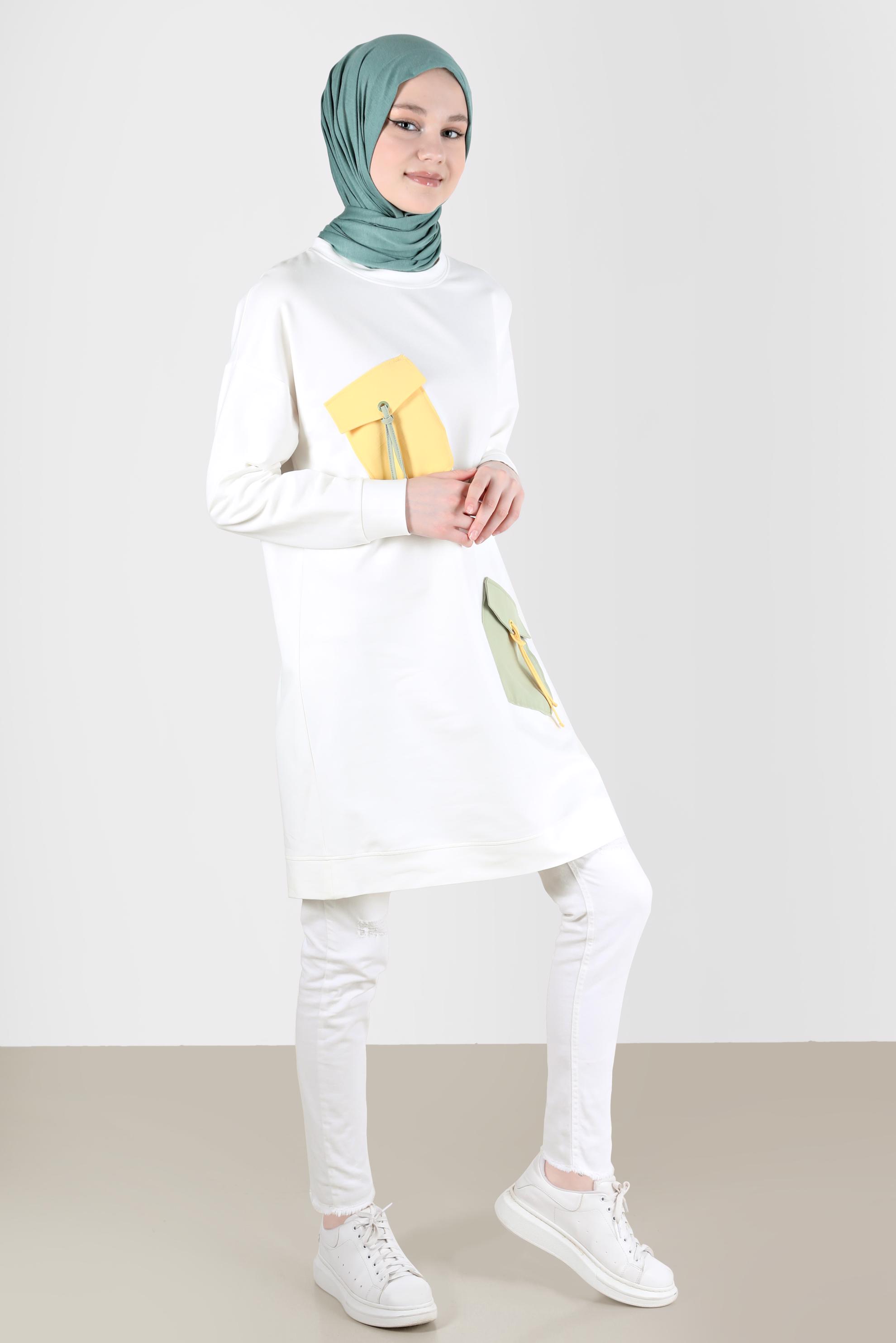 Tesettür giyim BEYAZ BAĞCIKLI CEP DETAYLI EŞOFMAN TUNİK 42596 