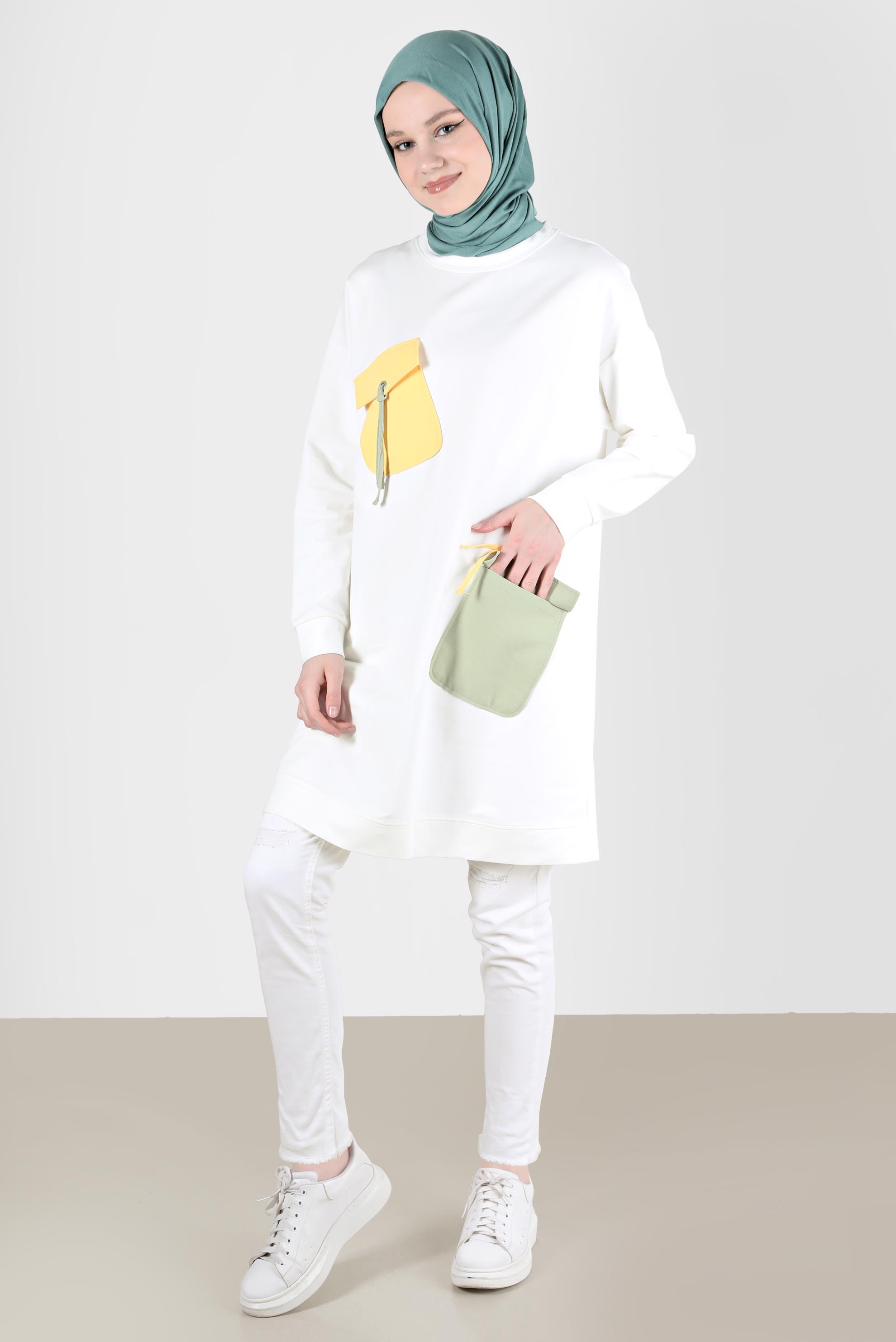 Tesettür giyim BEYAZ BAĞCIKLI CEP DETAYLI EŞOFMAN TUNİK 42596 