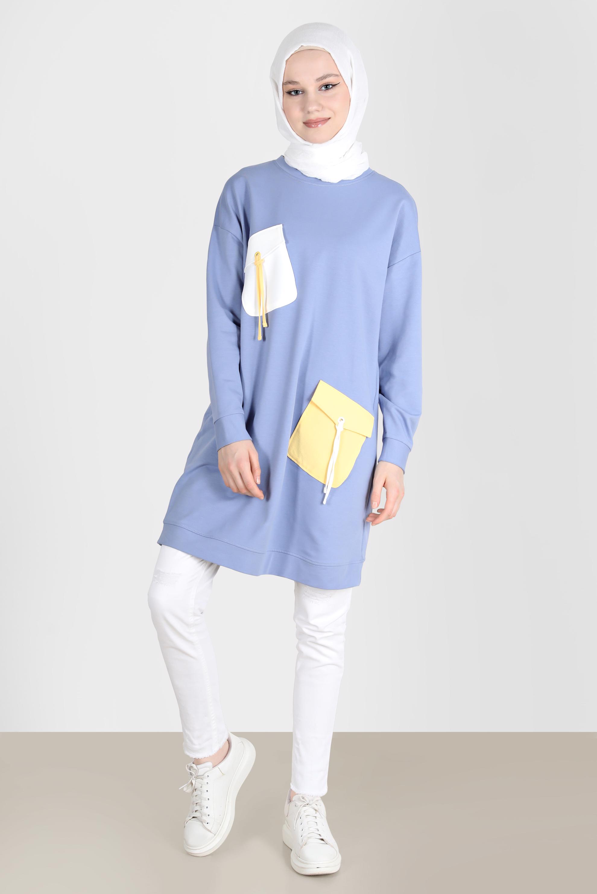 Tesettür giyim MAVİ BAĞCIKLI CEP DETAYLI EŞOFMAN TUNİK 42596 