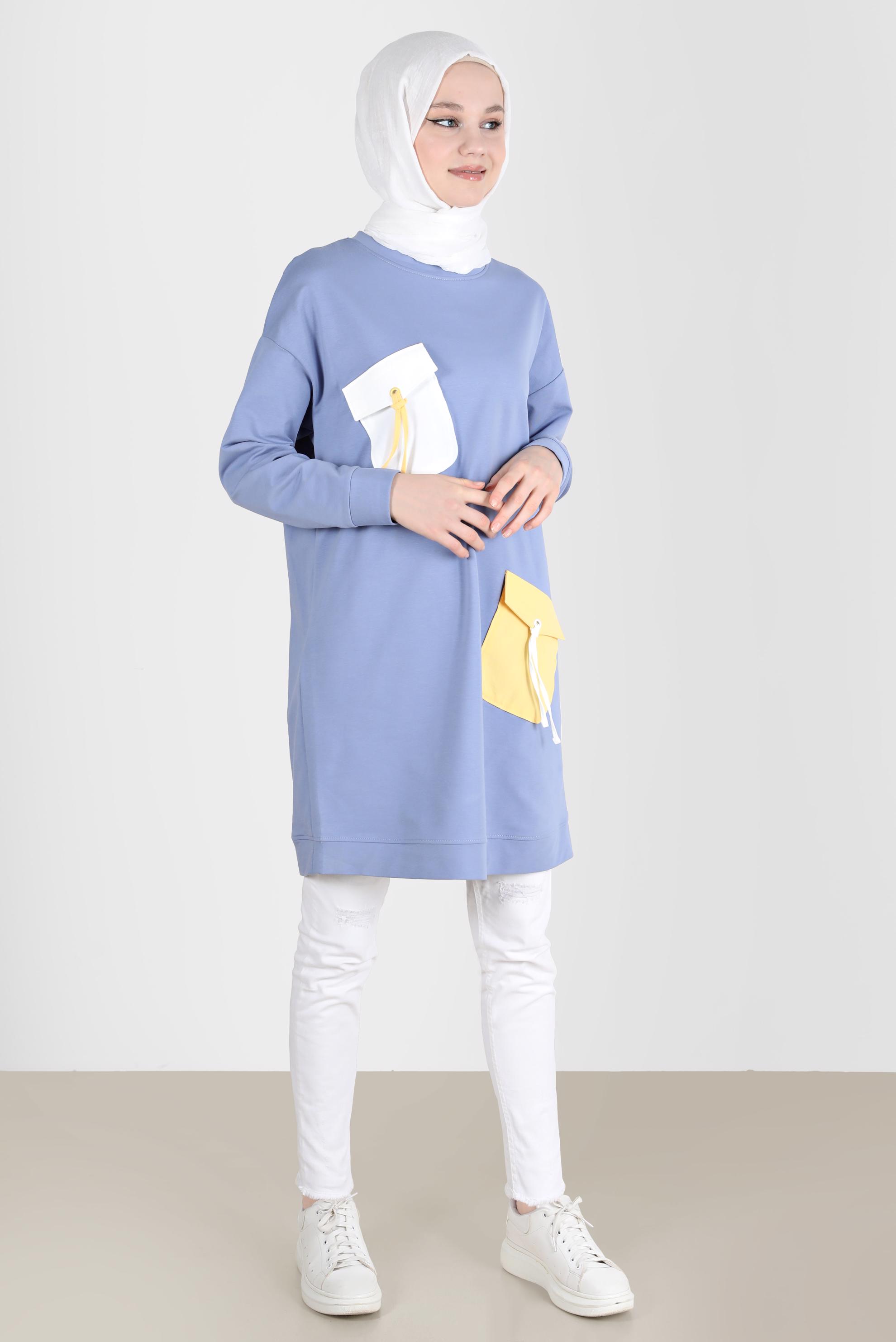 Tesettür giyim MAVİ BAĞCIKLI CEP DETAYLI EŞOFMAN TUNİK 42596 