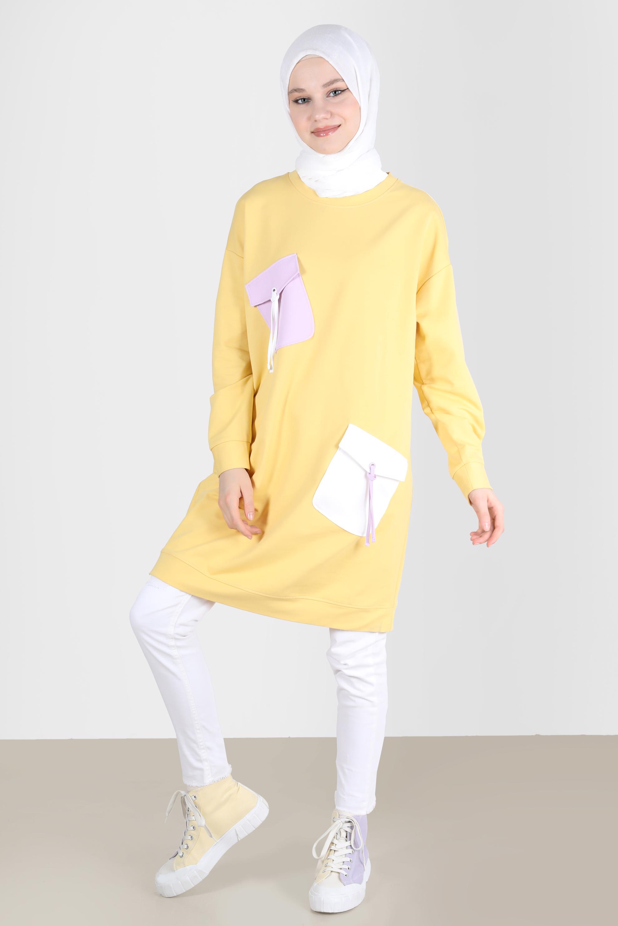 Tesettür giyim SARI BAĞCIKLI CEP DETAYLI EŞOFMAN TUNİK 42596 