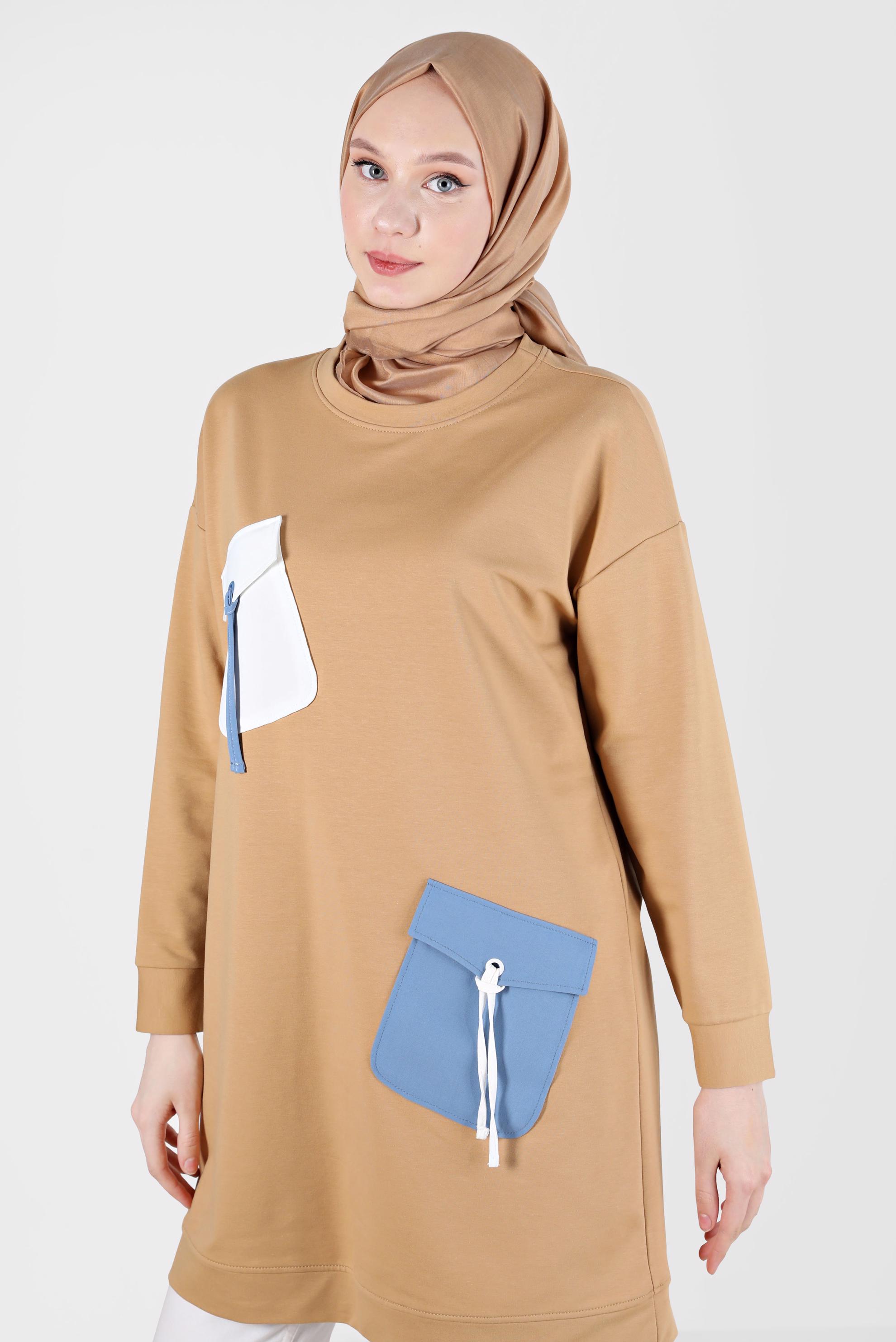 Tesettür giyim KAHVE BAĞCIKLI CEP DETAYLI EŞOFMAN TUNİK 42596 