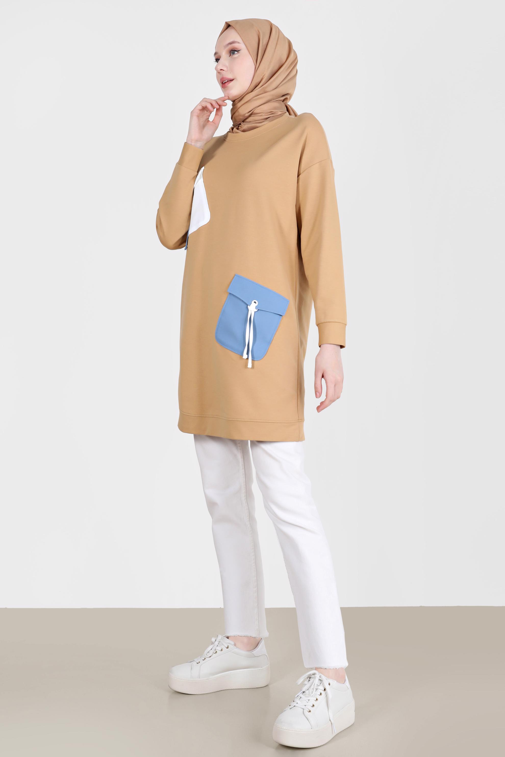 Tesettür giyim KAHVE BAĞCIKLI CEP DETAYLI EŞOFMAN TUNİK 42596 