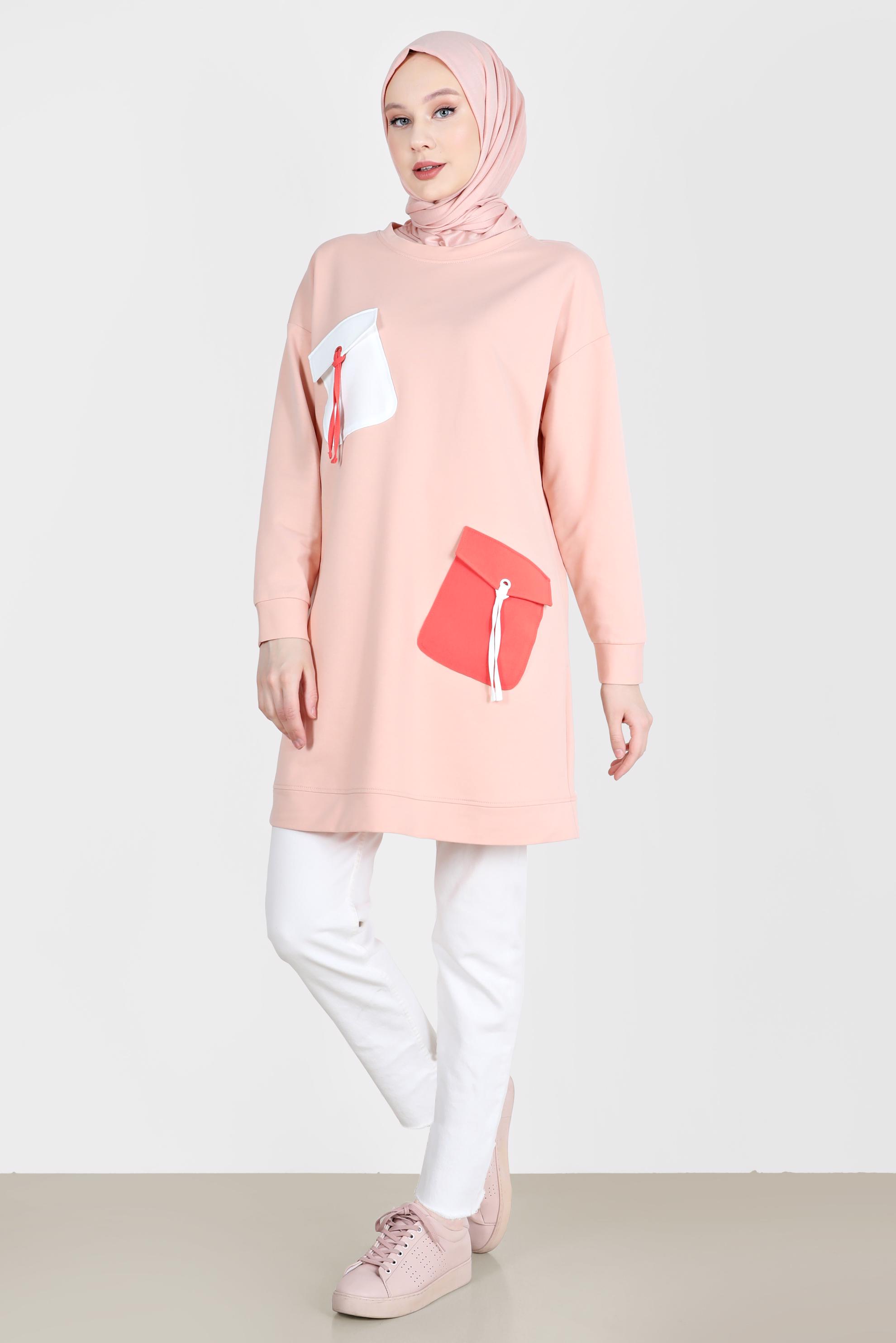 Tesettür giyim PUDRA BAĞCIKLI CEP DETAYLI EŞOFMAN TUNİK 42596 