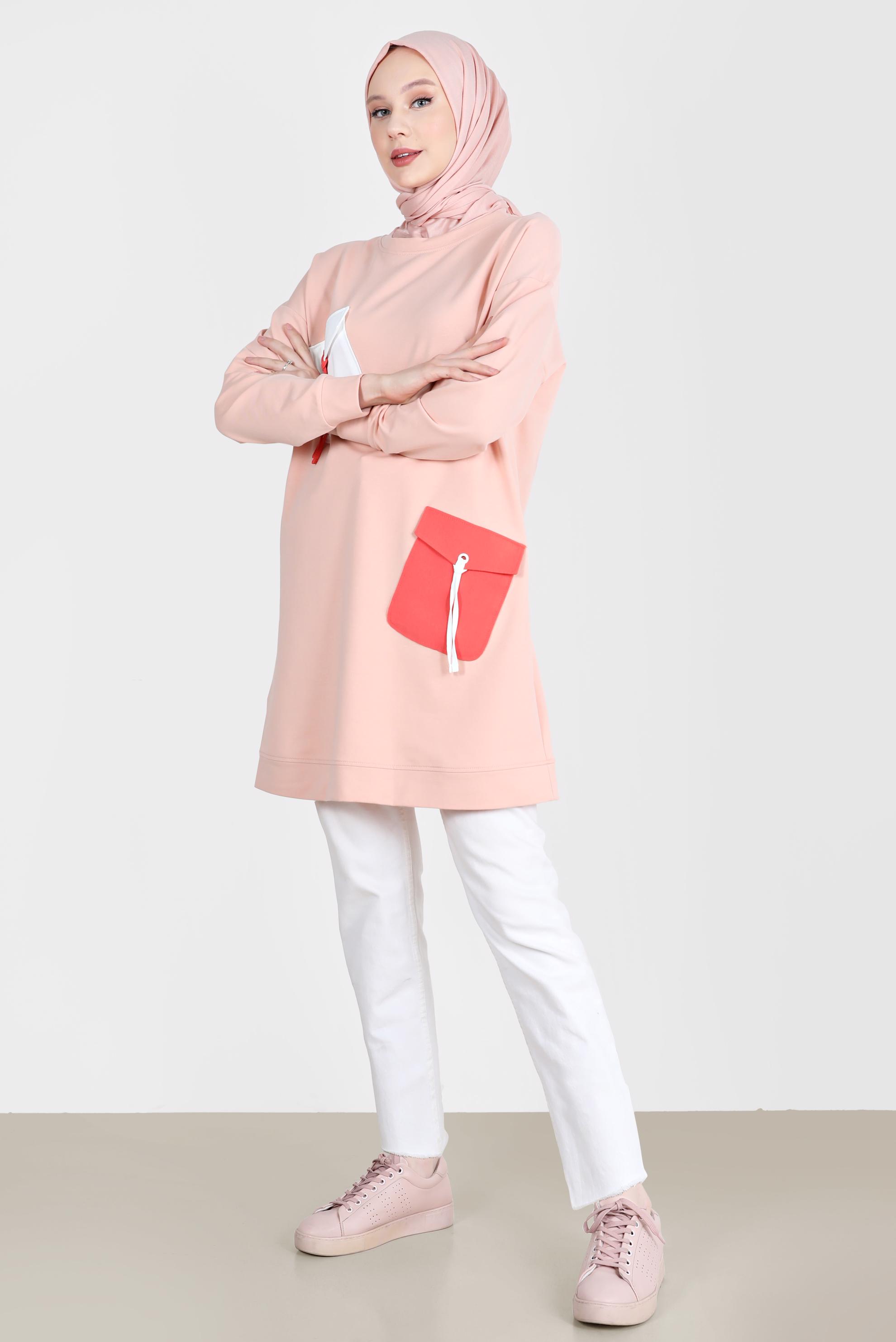 Tesettür giyim PUDRA BAĞCIKLI CEP DETAYLI EŞOFMAN TUNİK 42596 