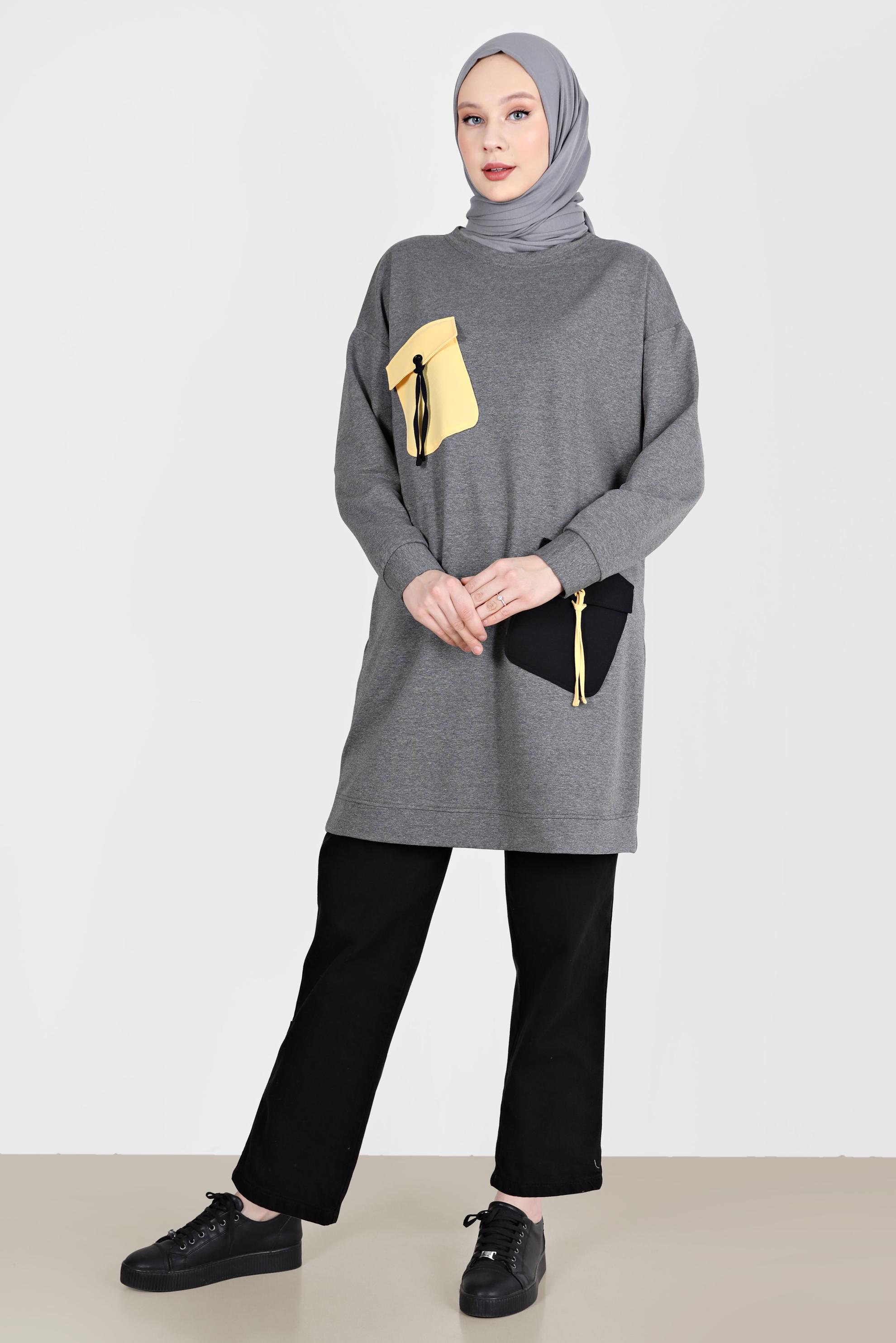 Tesettür giyim GRİ BAĞCIKLI CEP DETAYLI EŞOFMAN TUNİK 42596 