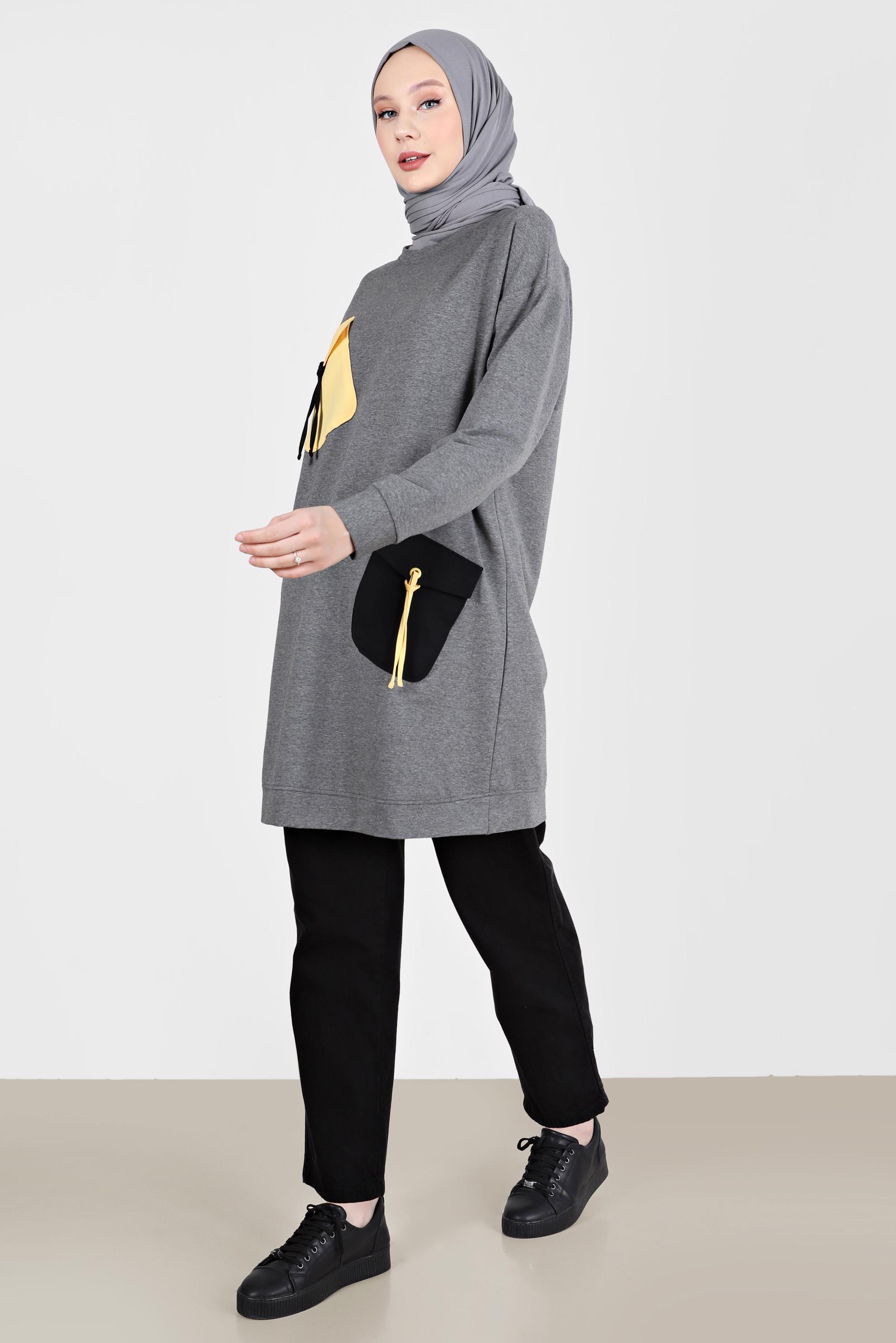Tesettür giyim GRİ BAĞCIKLI CEP DETAYLI EŞOFMAN TUNİK 42596 