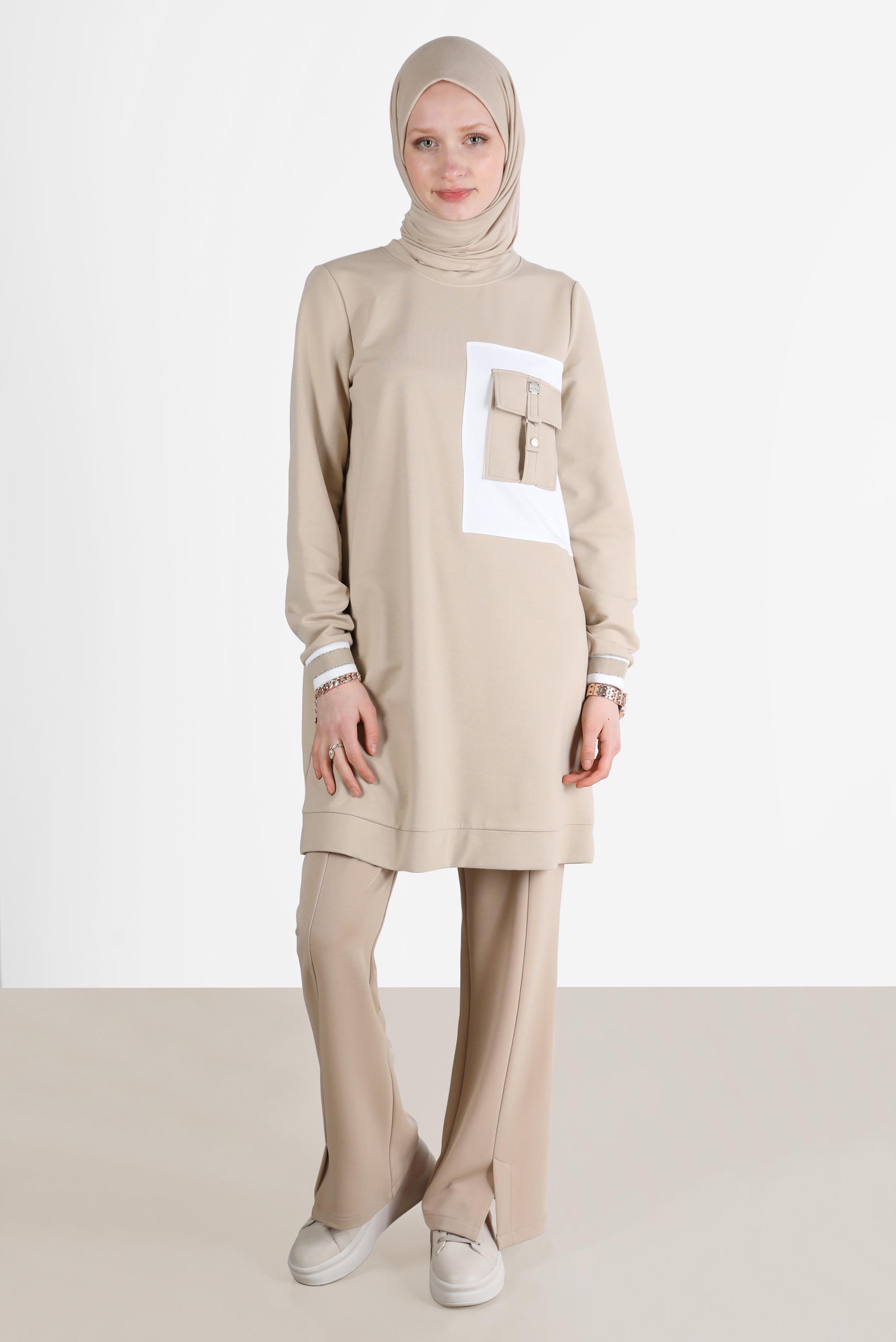 Tesettür giyim BEJ CEP DETAYLI EŞOFMAN TUNİK 42598