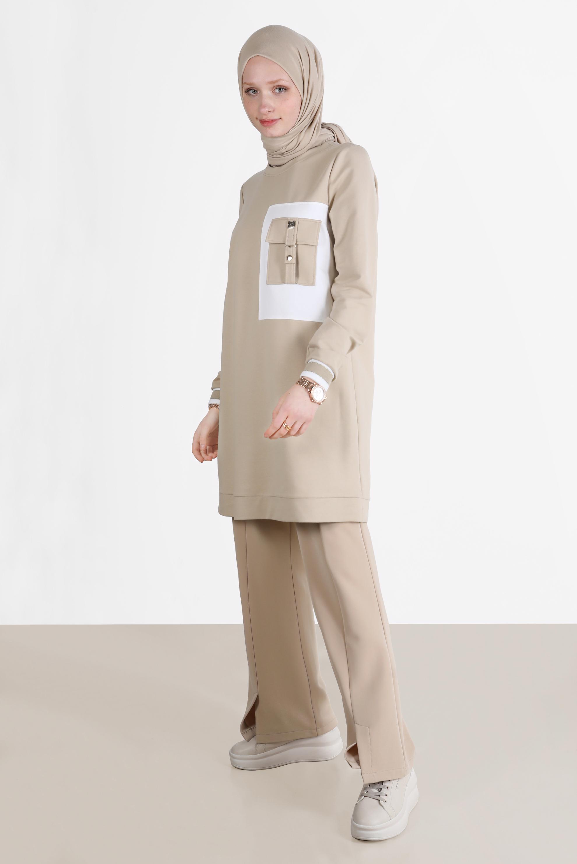 Tesettür giyim BEJ CEP DETAYLI EŞOFMAN TUNİK 42598
