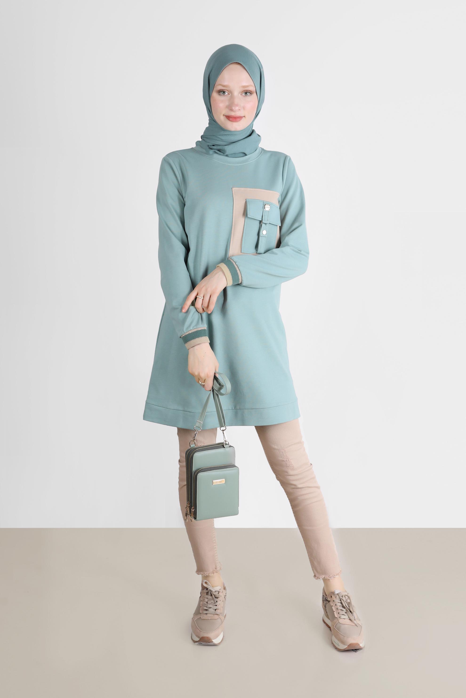 Tesettür giyim MAVİ CEP DETAYLI EŞOFMAN TUNİK 42598