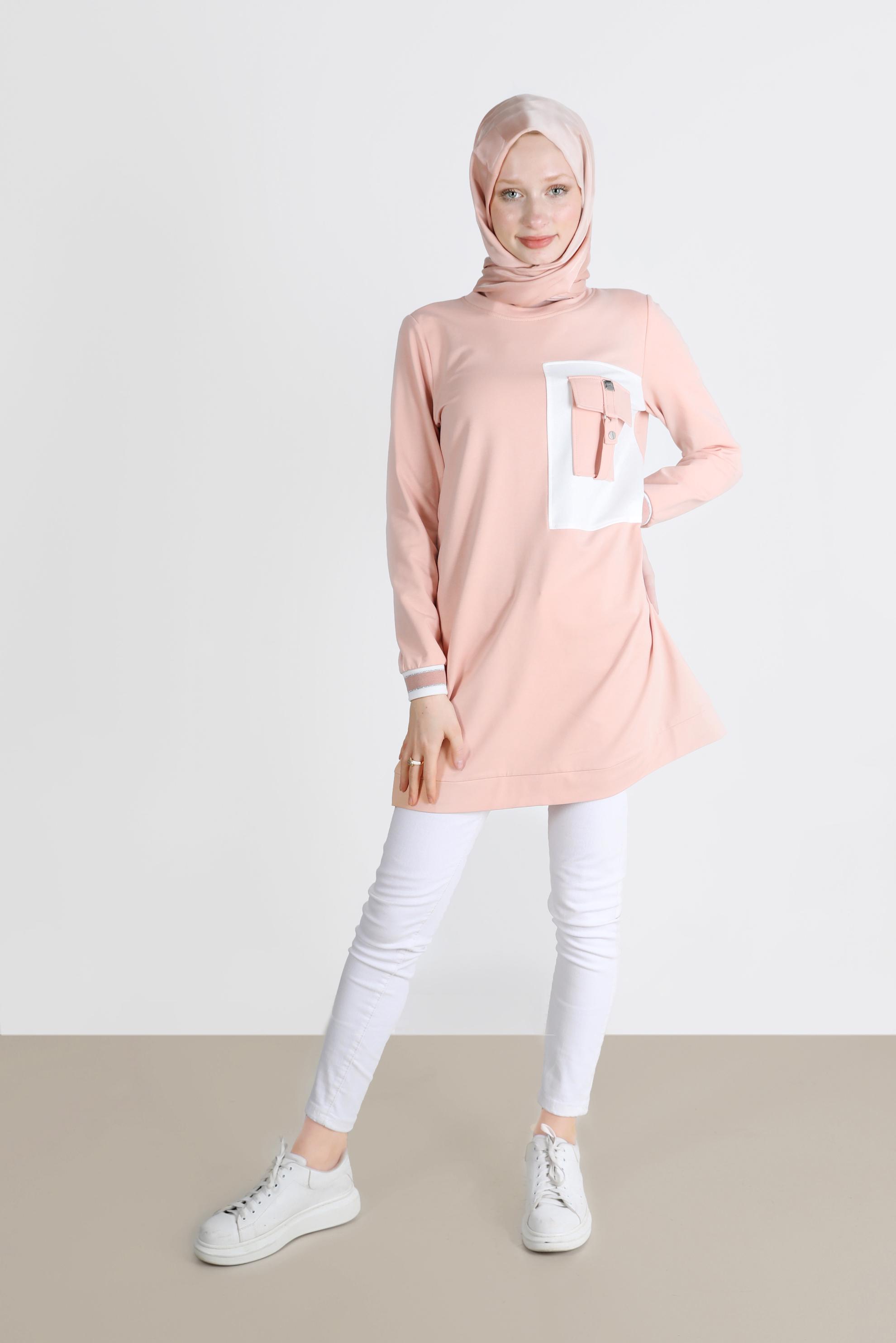 Tesettür giyim PUDRA CEP DETAYLI EŞOFMAN TUNİK 42598