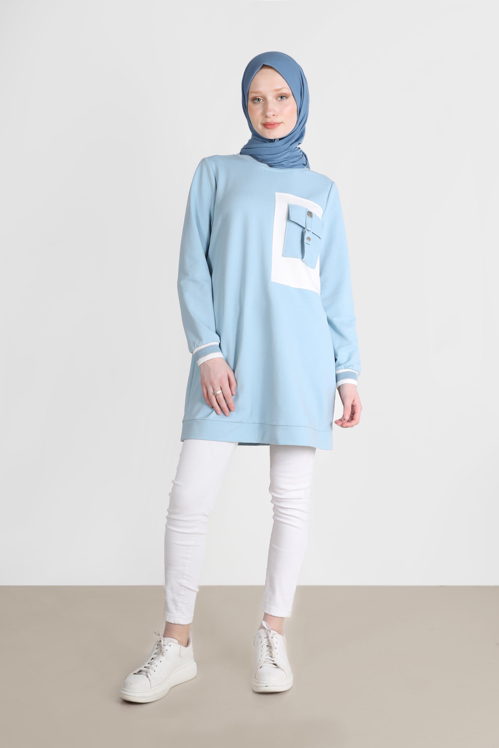 Tesettür giyim MAVİ CEP DETAYLI EŞOFMAN TUNİK 42598