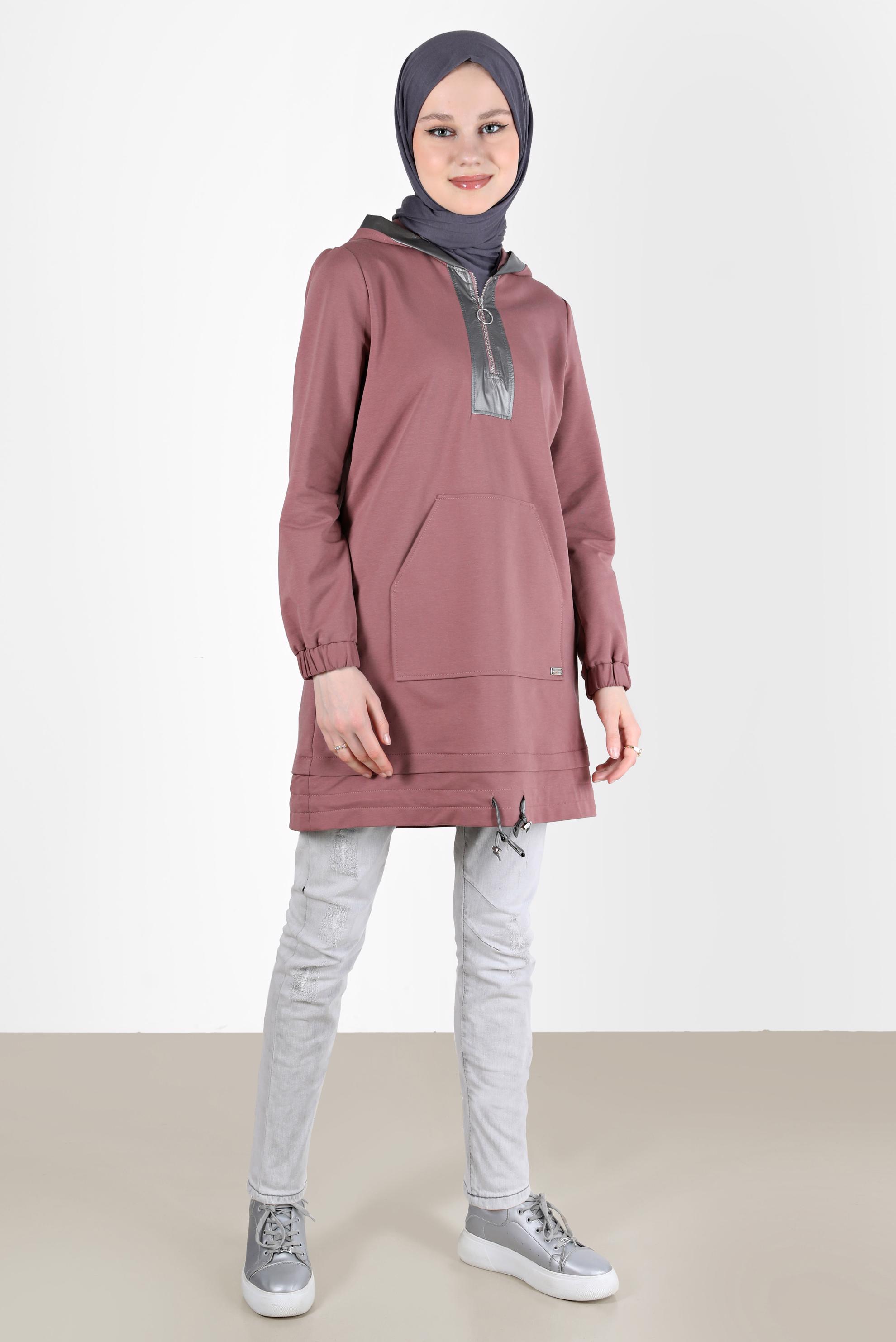 Tesettür giyim PEMBE PARLAK DERİ DETAYLI KAPÜŞONLU EŞOFMAN TUNİK 42600 