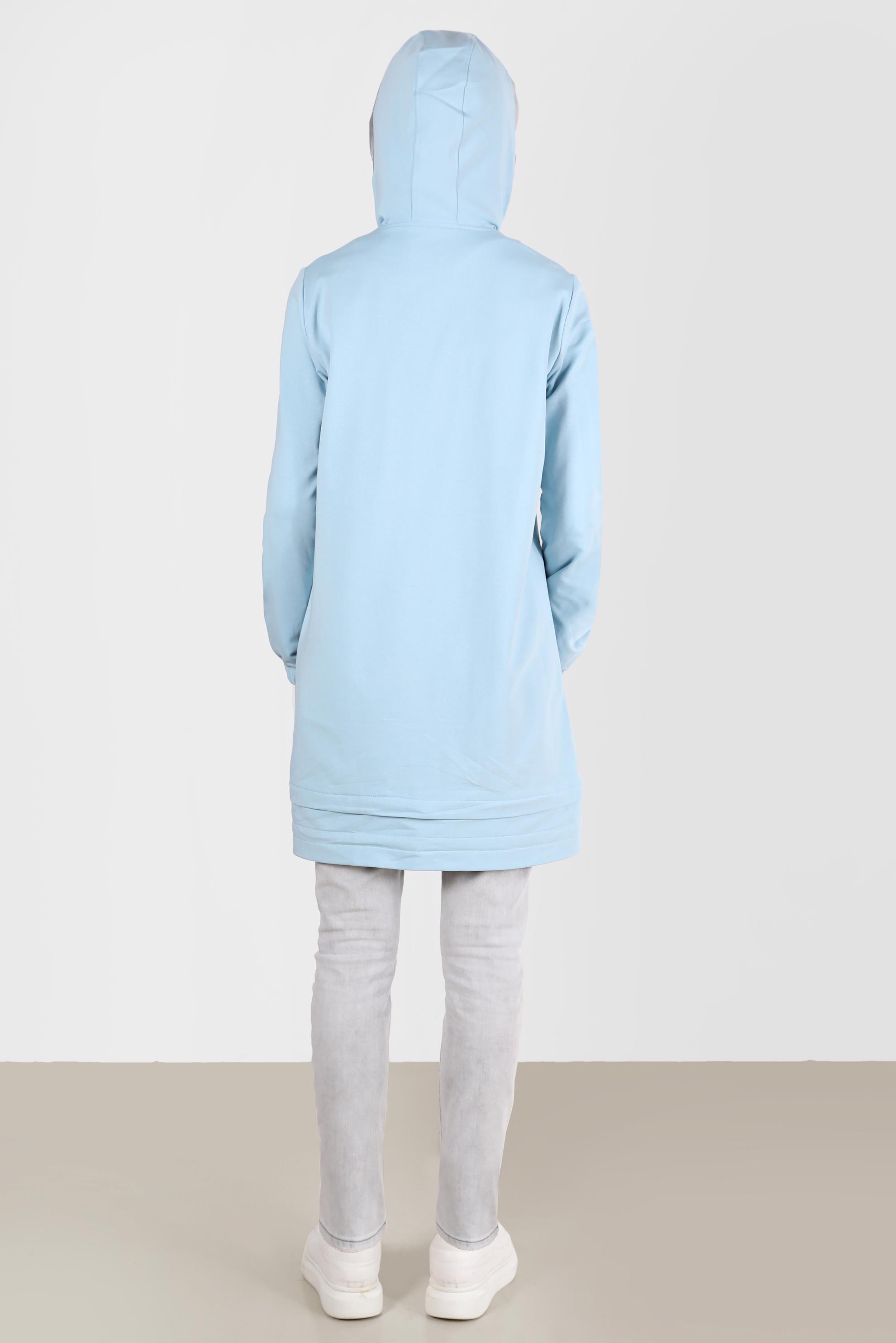 Tesettür giyim MAVİ PARLAK DERİ DETAYLI KAPÜŞONLU EŞOFMAN TUNİK 42600 