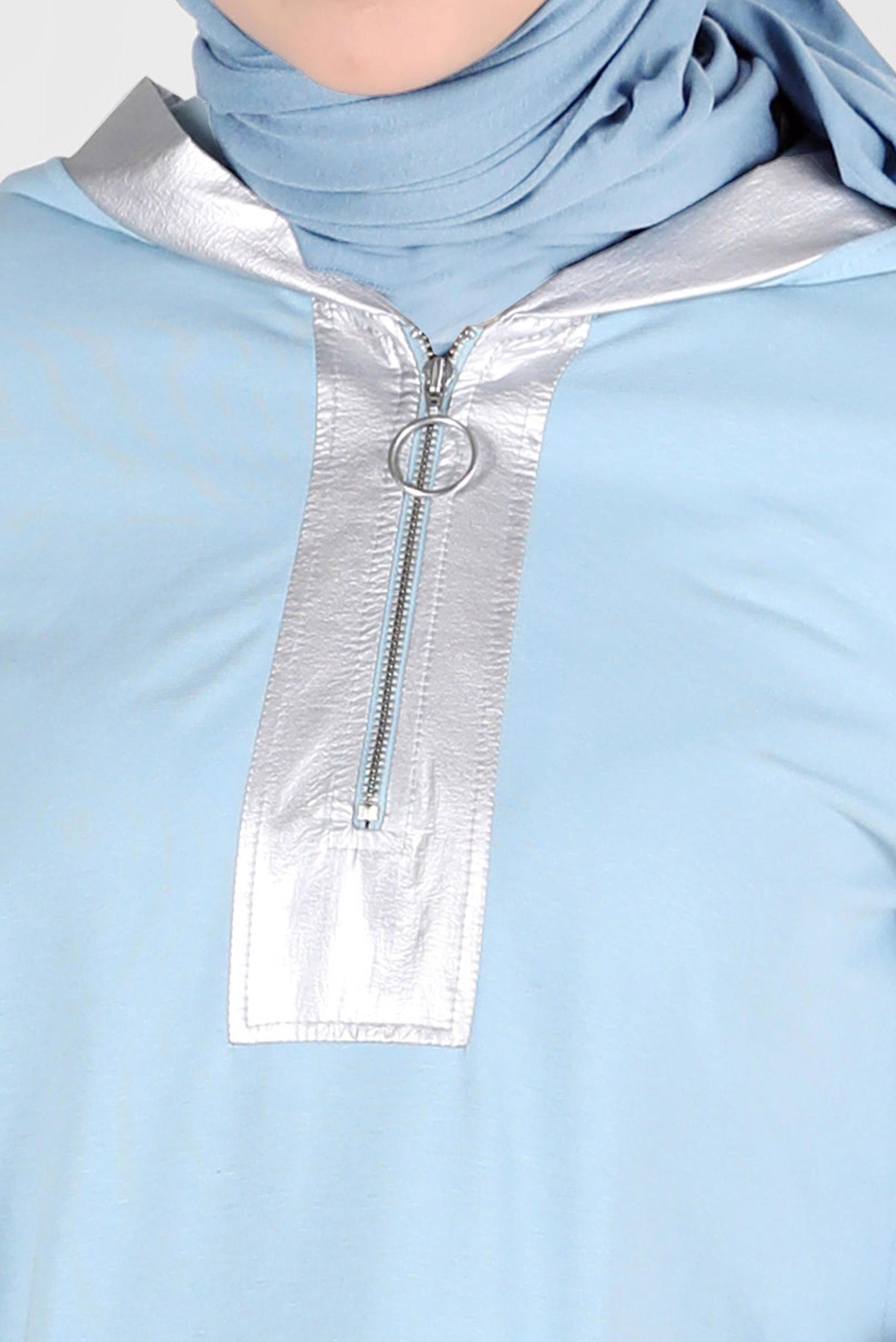 Tesettür giyim MAVİ PARLAK DERİ DETAYLI KAPÜŞONLU EŞOFMAN TUNİK 42600 