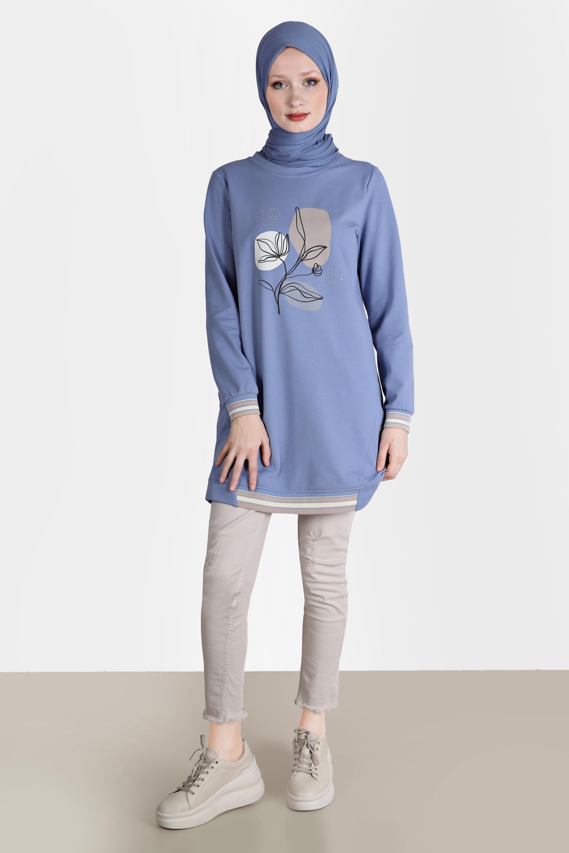 Tesettür giyim MAVİ BASKI DETAYLI RİBANALI EŞOFMAN TUNİK 42650 