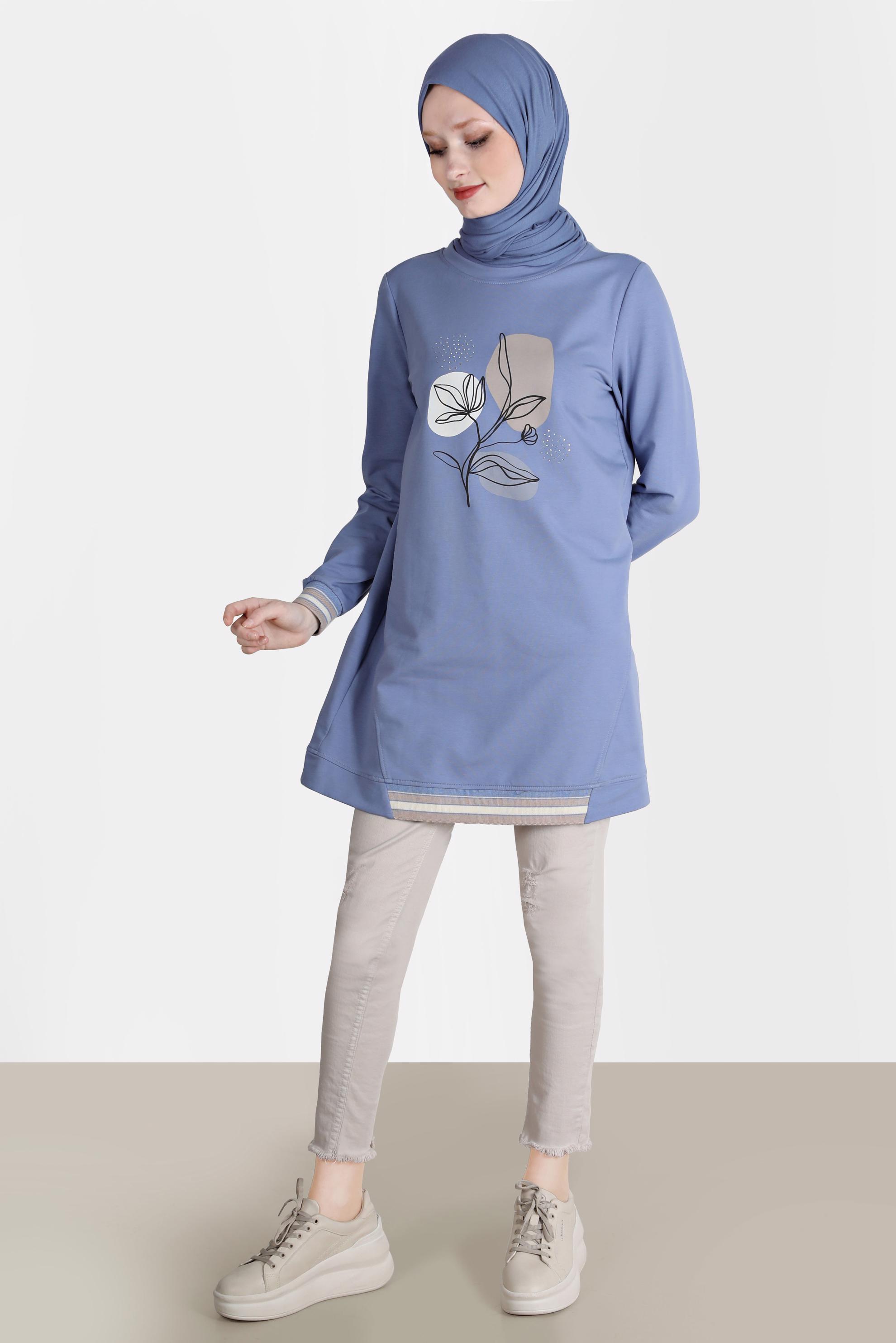 Tesettür giyim MAVİ BASKI DETAYLI RİBANALI EŞOFMAN TUNİK 42650 