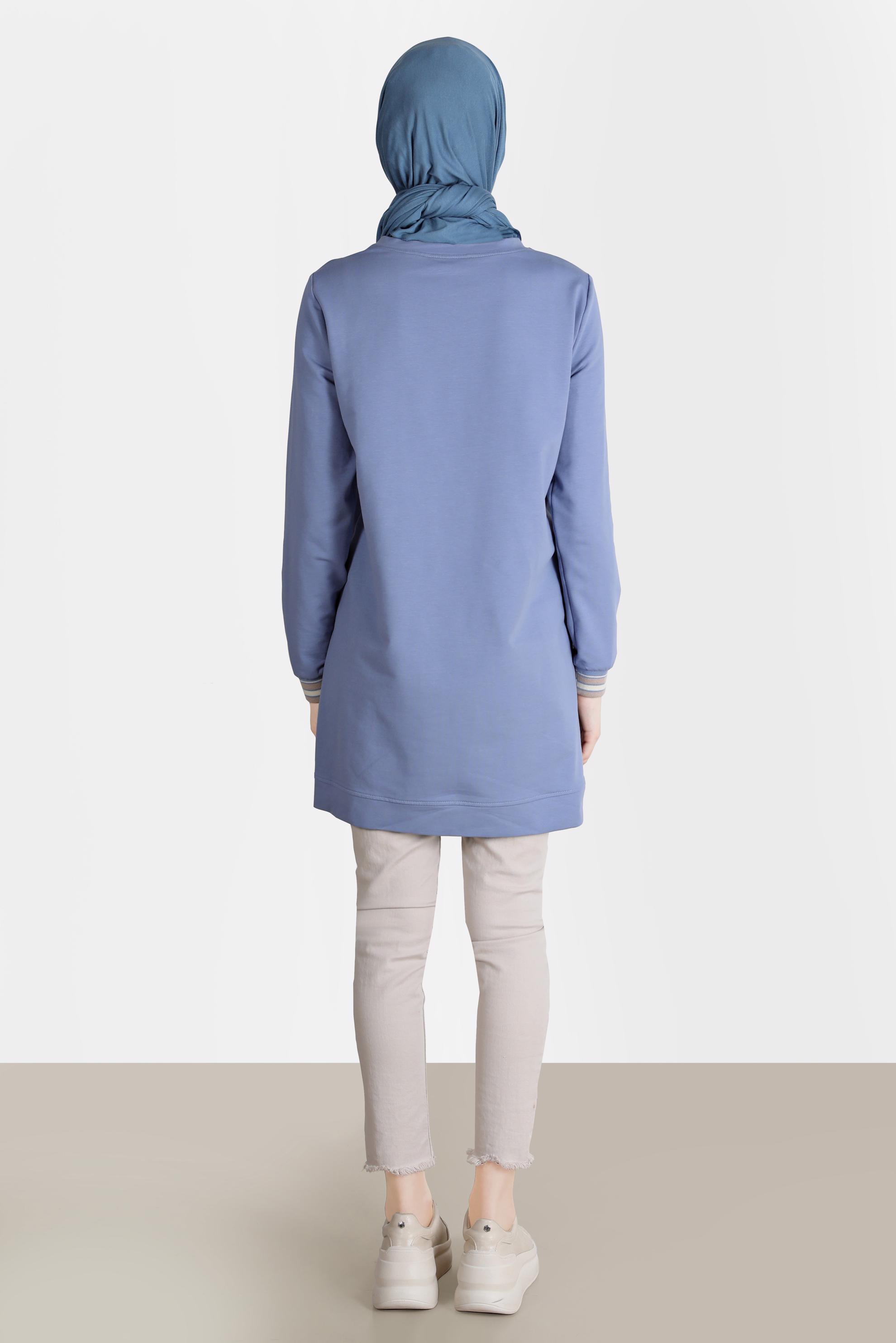 Tesettür giyim MAVİ BASKI DETAYLI RİBANALI EŞOFMAN TUNİK 42650 