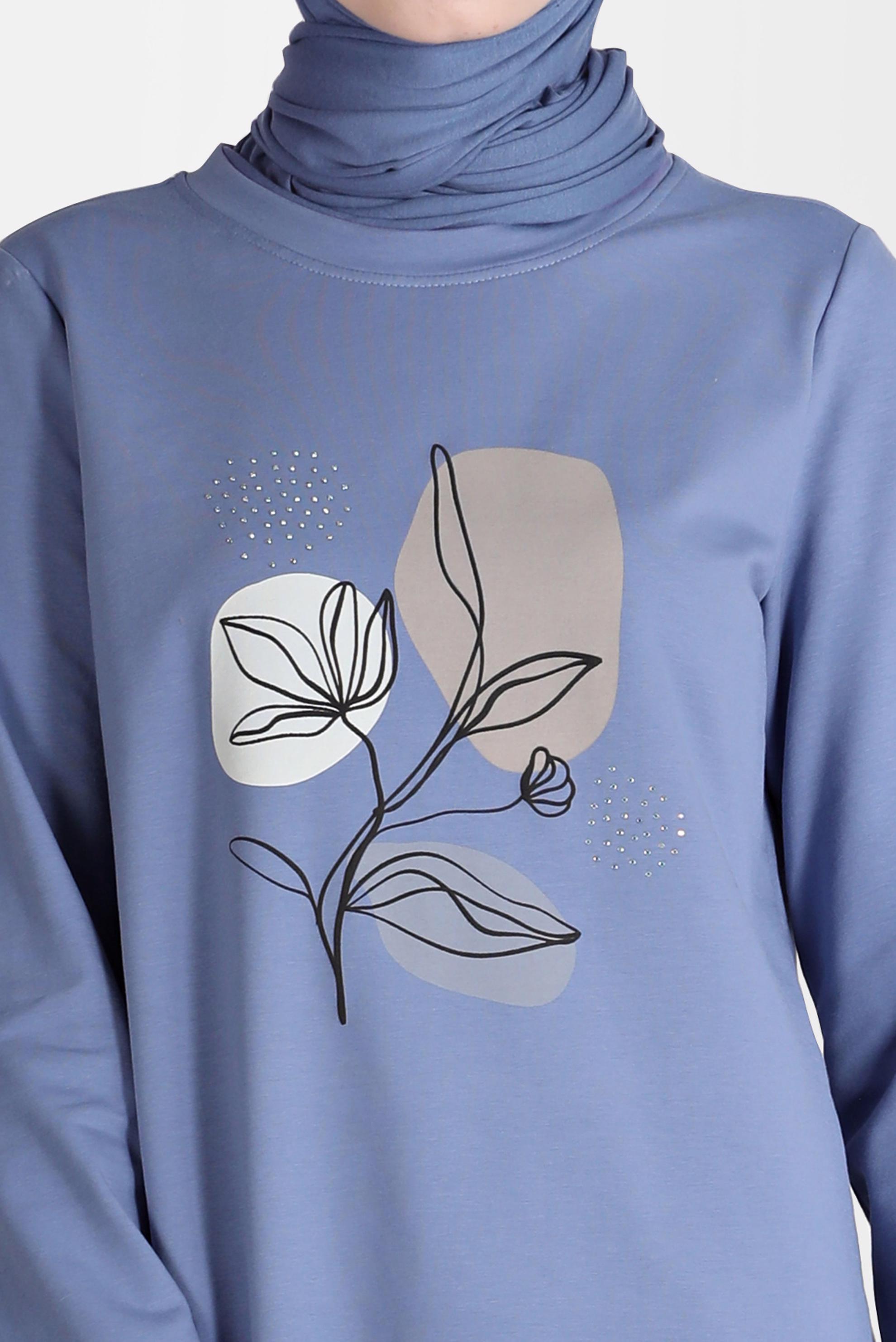 Tesettür giyim MAVİ BASKI DETAYLI RİBANALI EŞOFMAN TUNİK 42650 