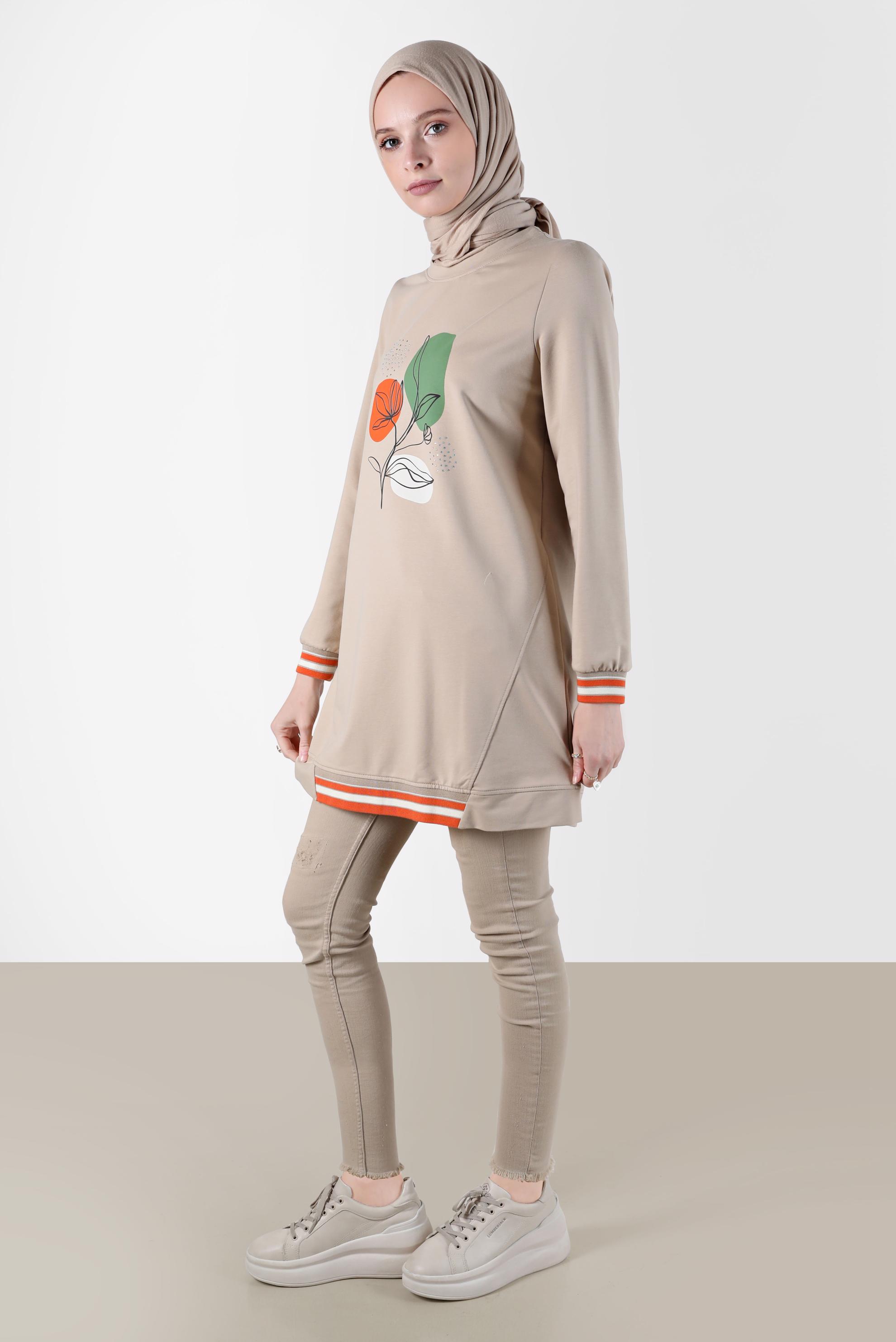 Tesettür giyim BEJ BASKI DETAYLI RİBANALI EŞOFMAN TUNİK 42650 