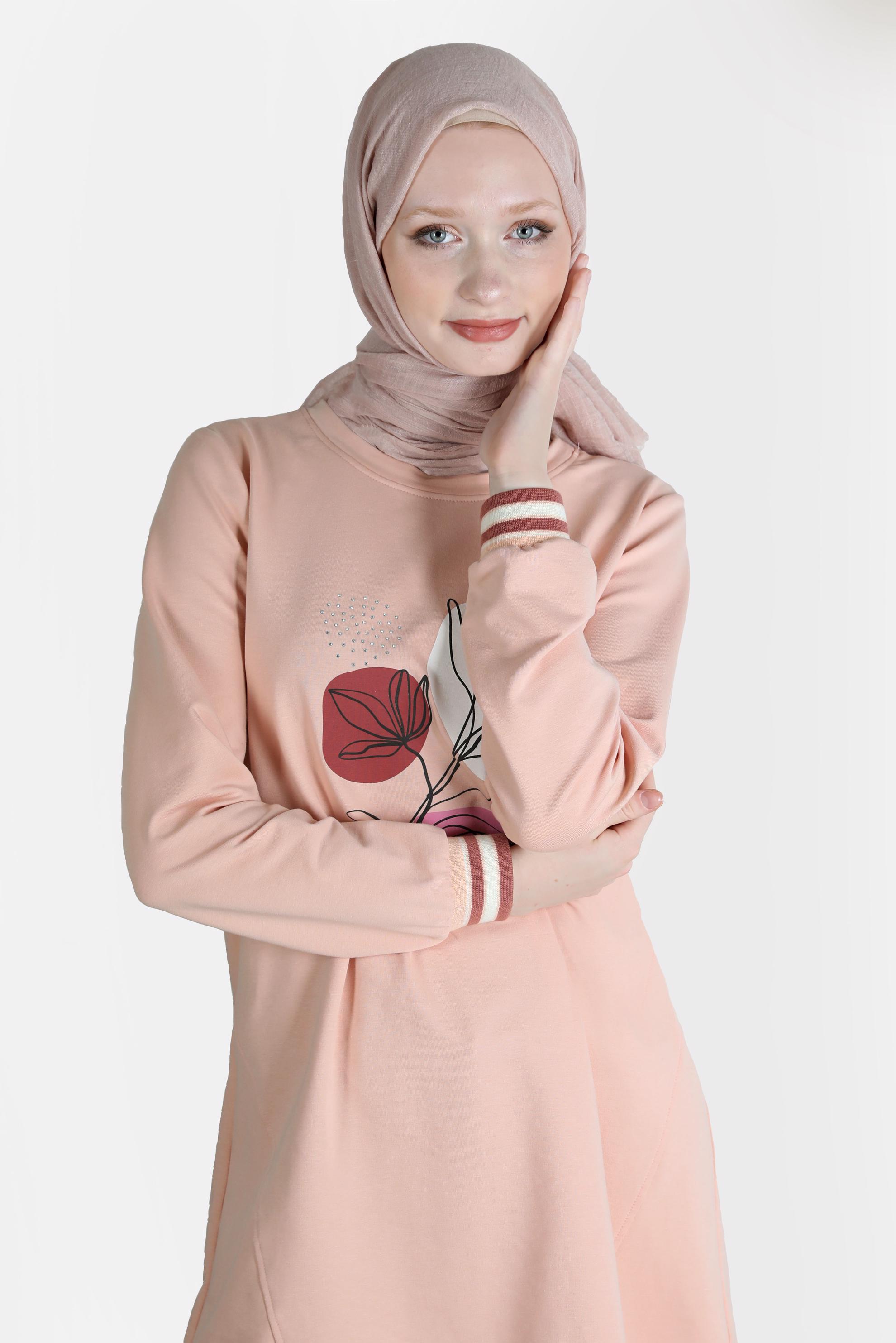 Tesettür giyim PUDRA BASKI DETAYLI RİBANALI EŞOFMAN TUNİK 42650 