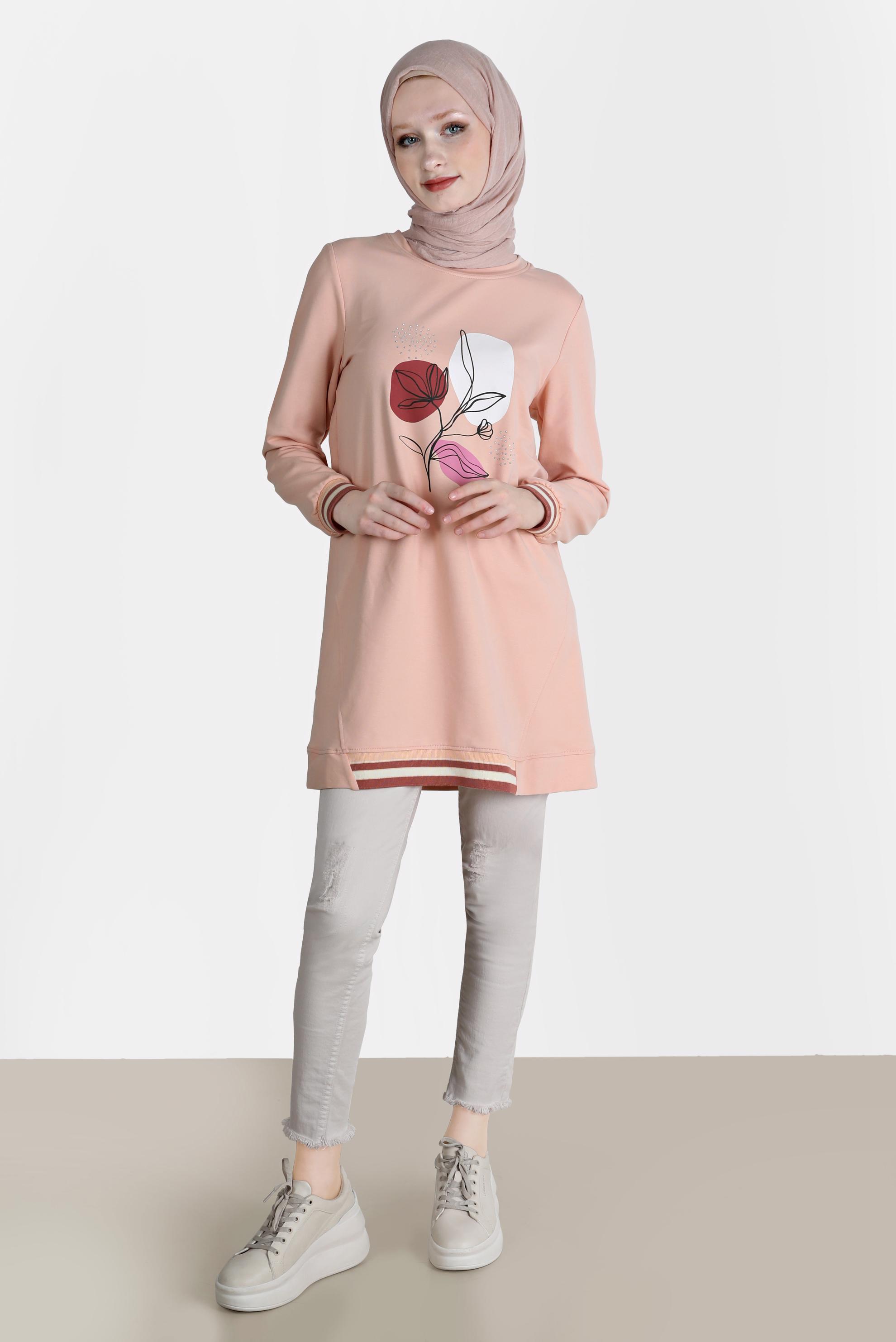 Tesettür giyim PUDRA BASKI DETAYLI RİBANALI EŞOFMAN TUNİK 42650 