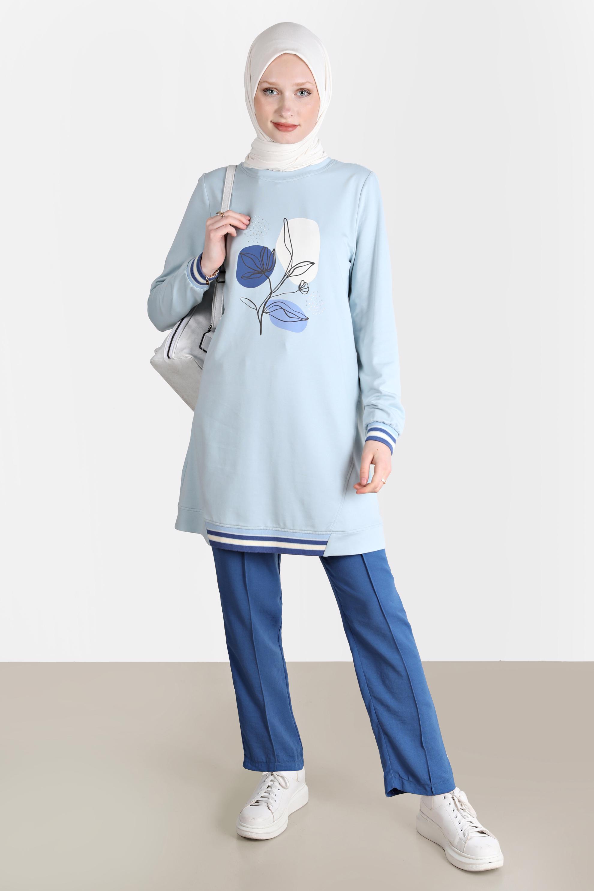 Tesettür giyim MAVİ BASKI DETAYLI RİBANALI EŞOFMAN TUNİK 42650 