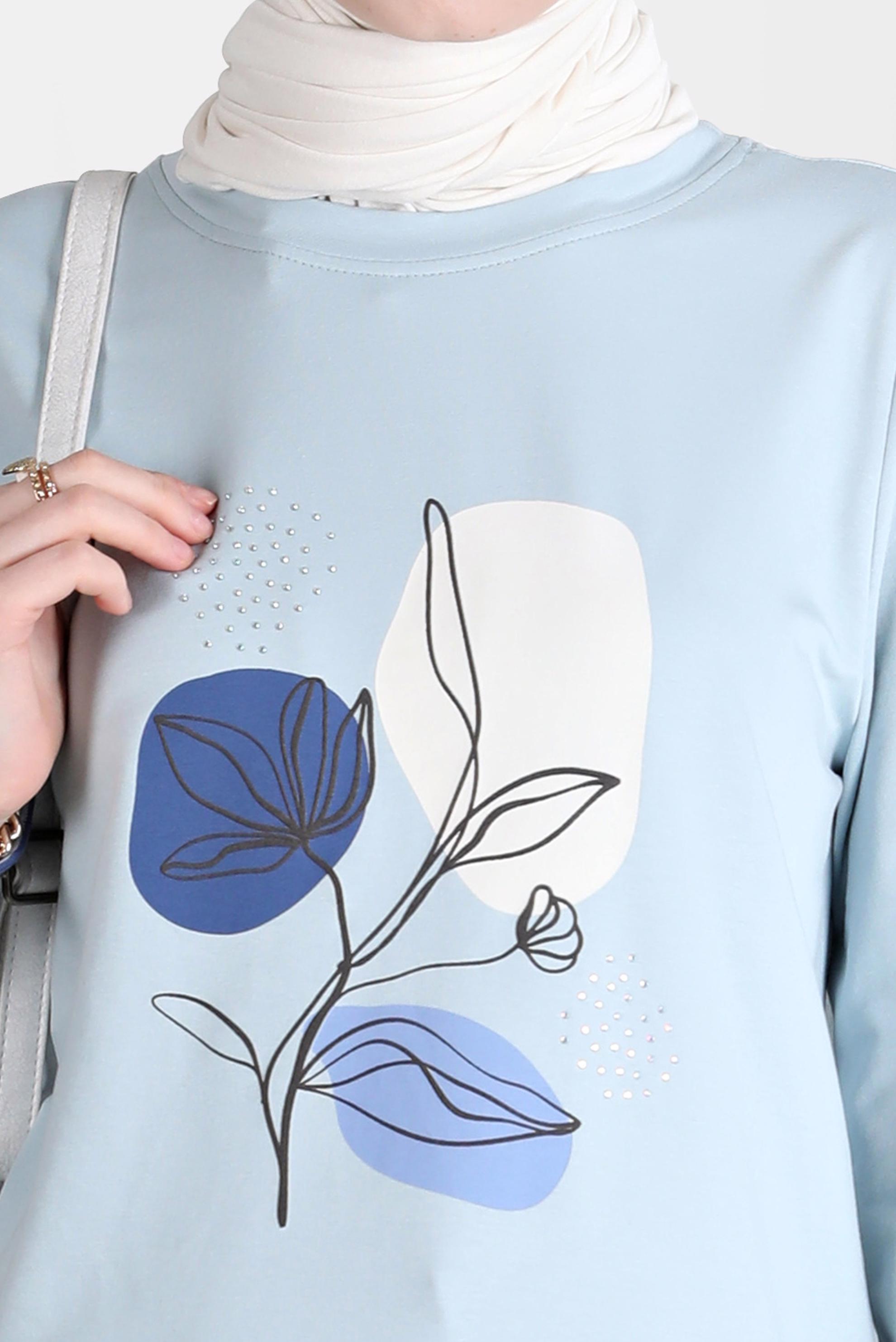 Tesettür giyim MAVİ BASKI DETAYLI RİBANALI EŞOFMAN TUNİK 42650 