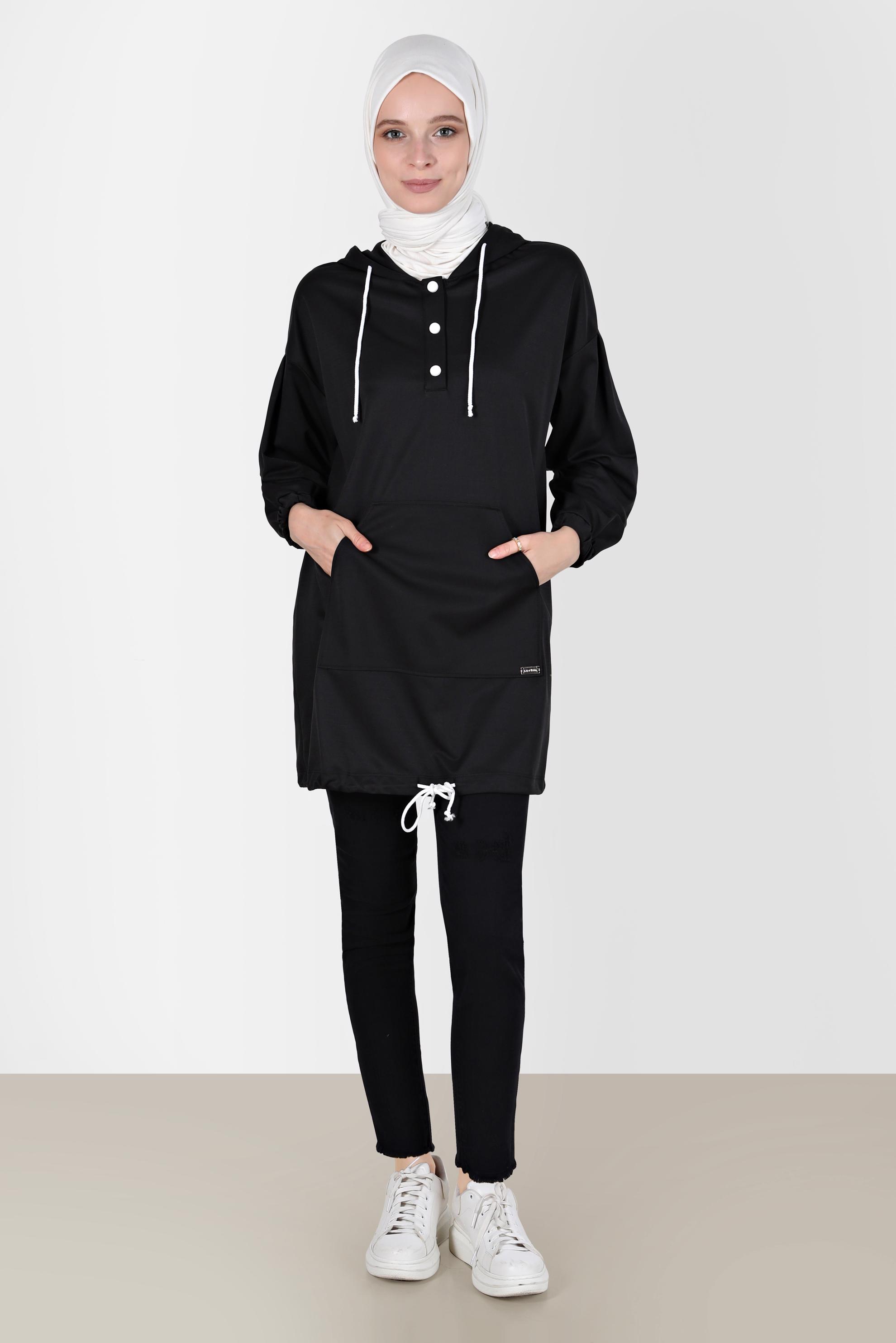 Tesettür giyim SİYAH ÇITÇITLI KAPÜŞONLU EŞOFMAN TUNİK 42651 