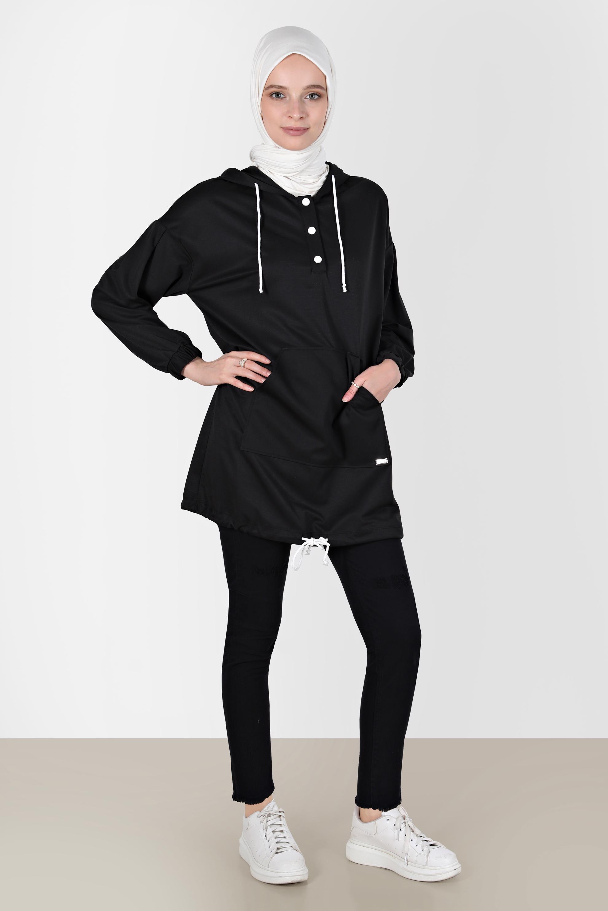 Tesettür giyim SİYAH ÇITÇITLI KAPÜŞONLU EŞOFMAN TUNİK 42651 