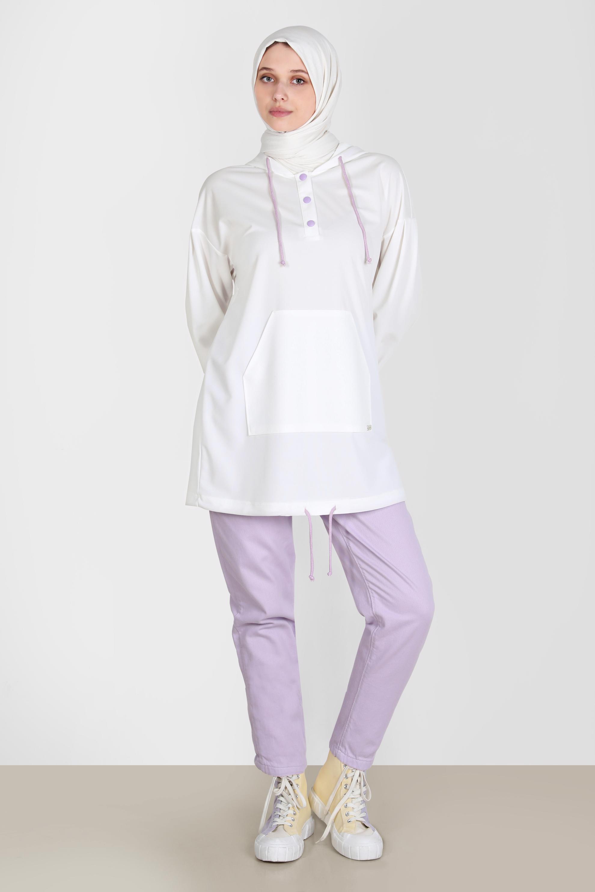 Tesettür giyim BEYAZ ÇITÇITLI KAPÜŞONLU EŞOFMAN TUNİK 42651 