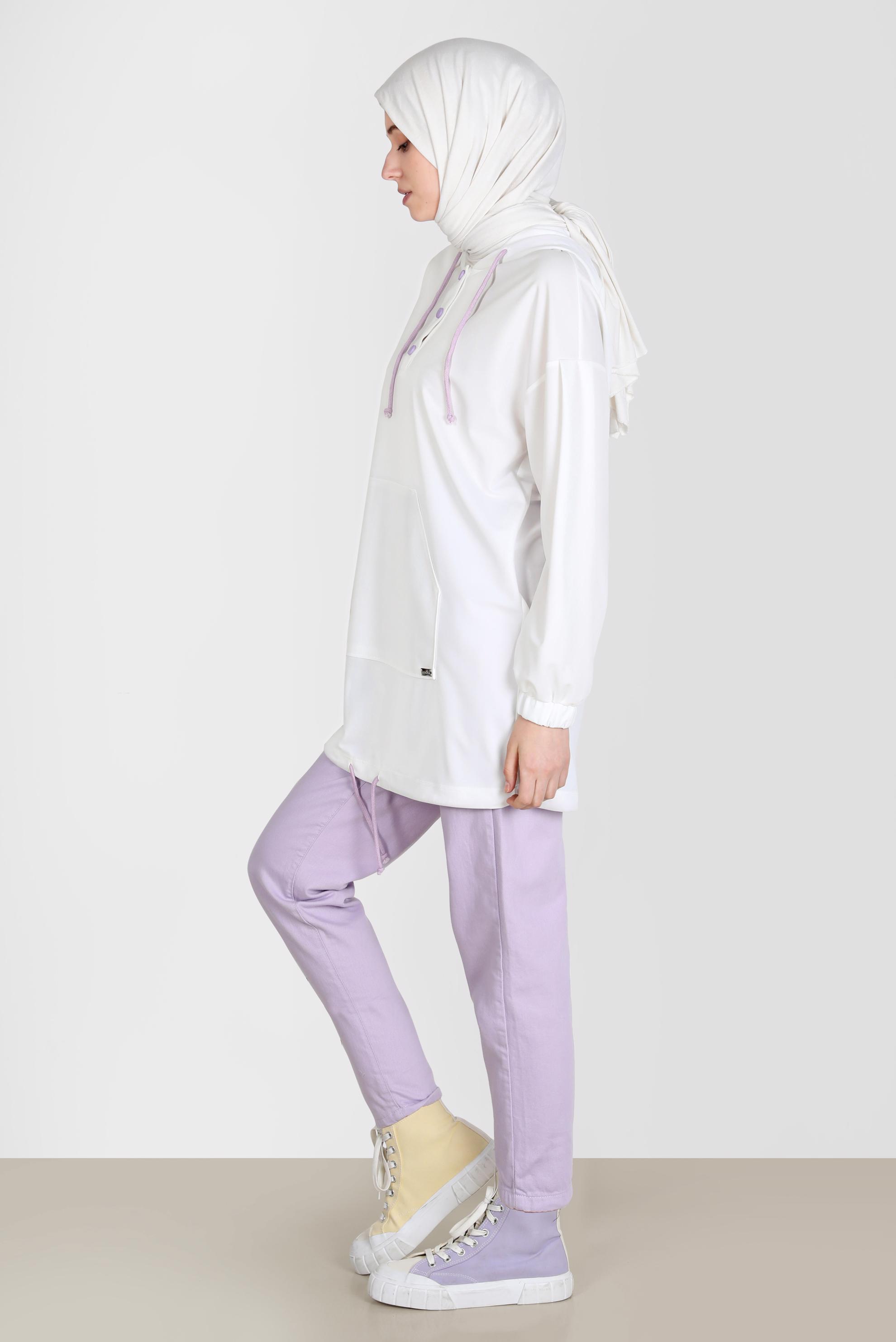 Tesettür giyim BEYAZ ÇITÇITLI KAPÜŞONLU EŞOFMAN TUNİK 42651 