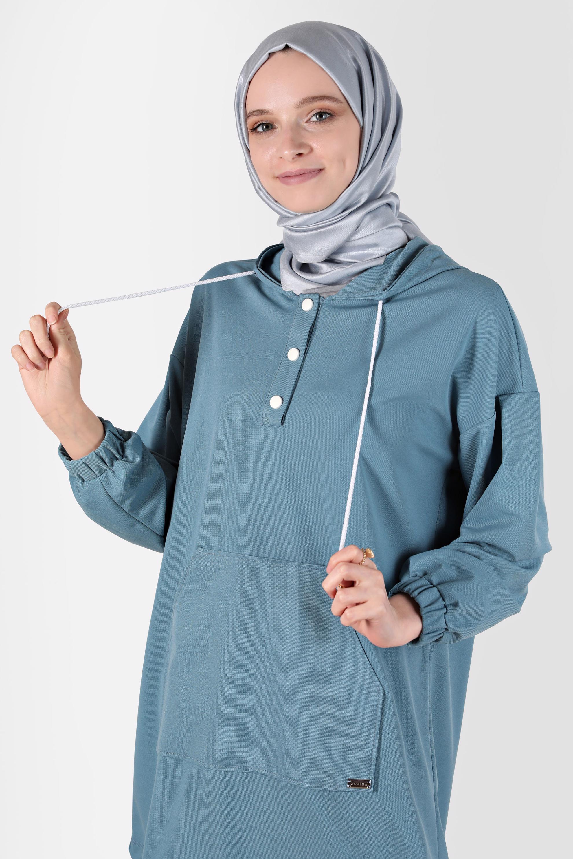 Tesettür giyim MAVİ ÇITÇITLI KAPÜŞONLU EŞOFMAN TUNİK 42651 