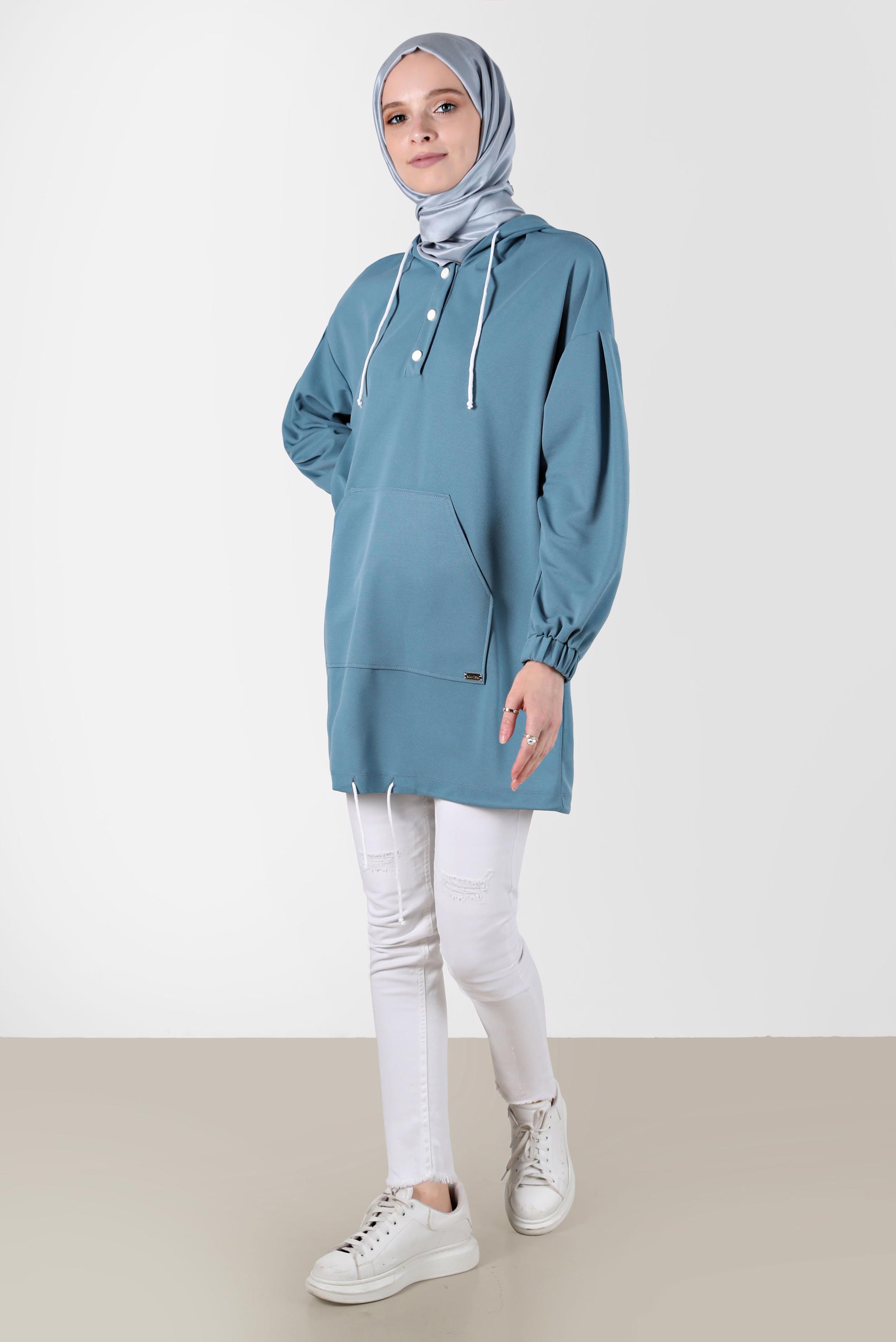 Tesettür giyim MAVİ ÇITÇITLI KAPÜŞONLU EŞOFMAN TUNİK 42651 