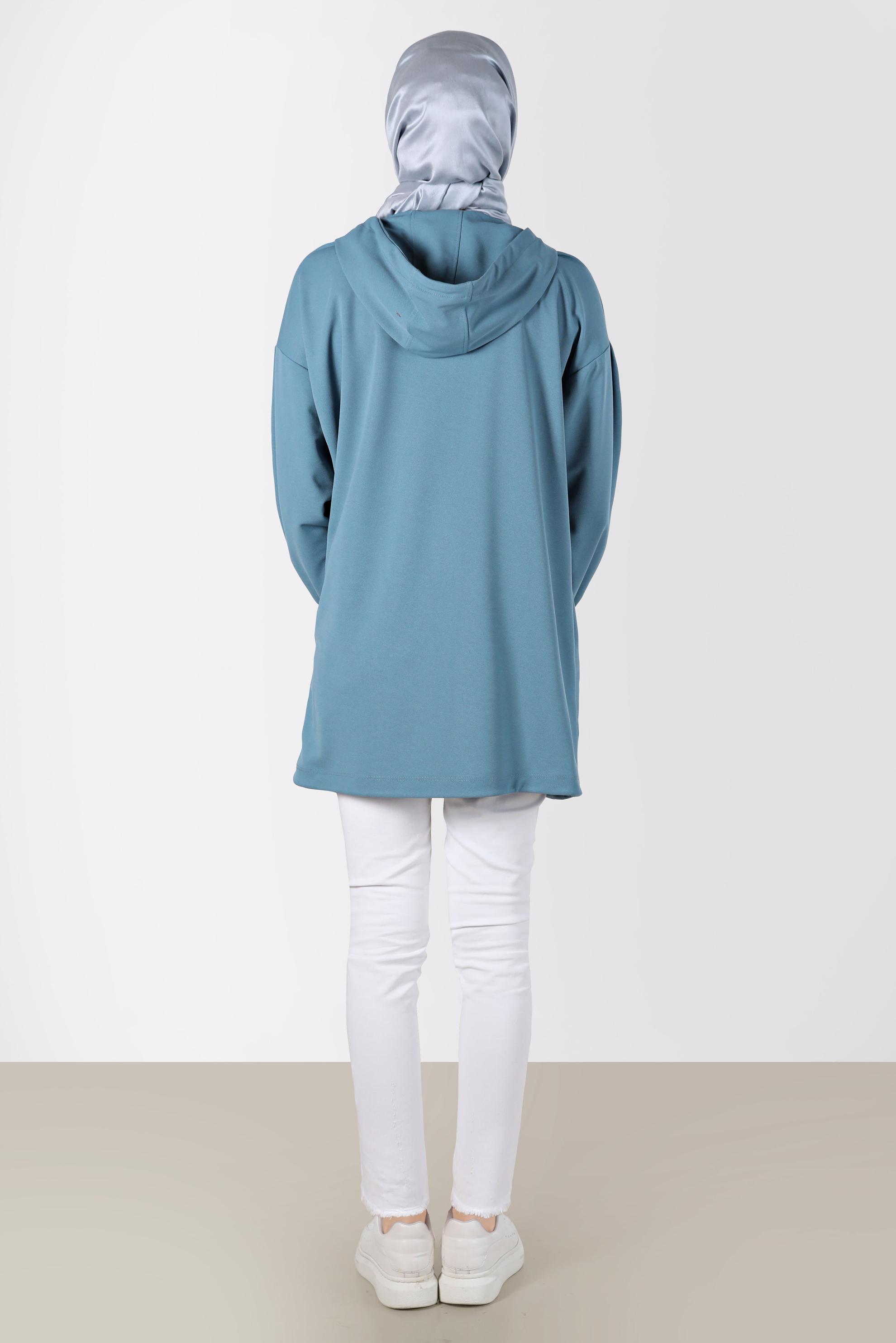 Tesettür giyim MAVİ ÇITÇITLI KAPÜŞONLU EŞOFMAN TUNİK 42651 
