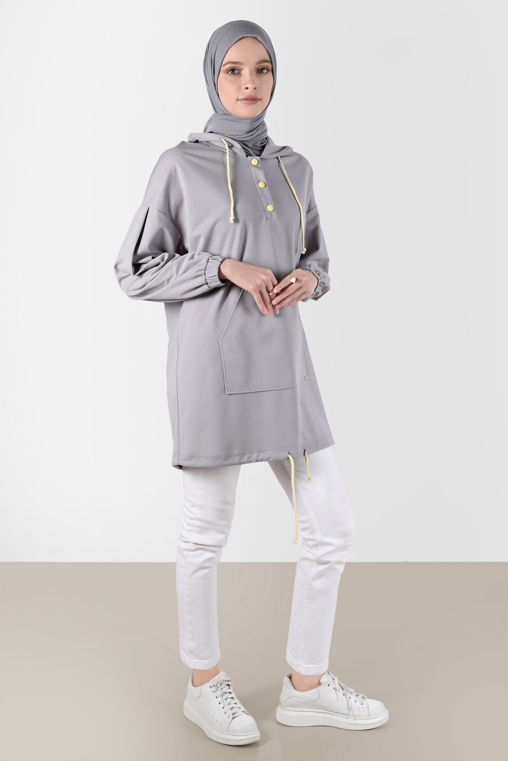 Tesettür giyim GRİ ÇITÇITLI KAPÜŞONLU EŞOFMAN TUNİK 42651 