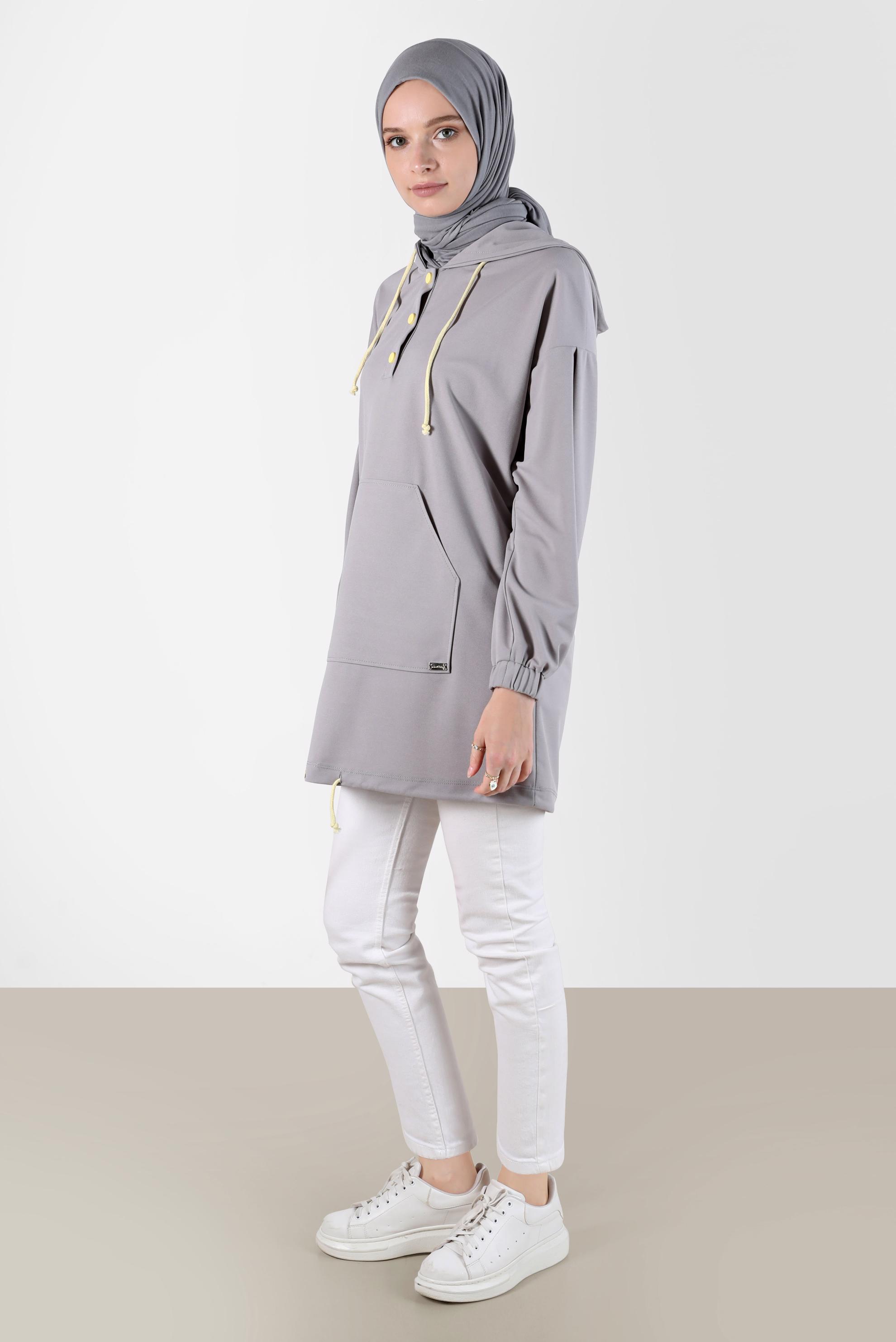 Tesettür giyim GRİ ÇITÇITLI KAPÜŞONLU EŞOFMAN TUNİK 42651 