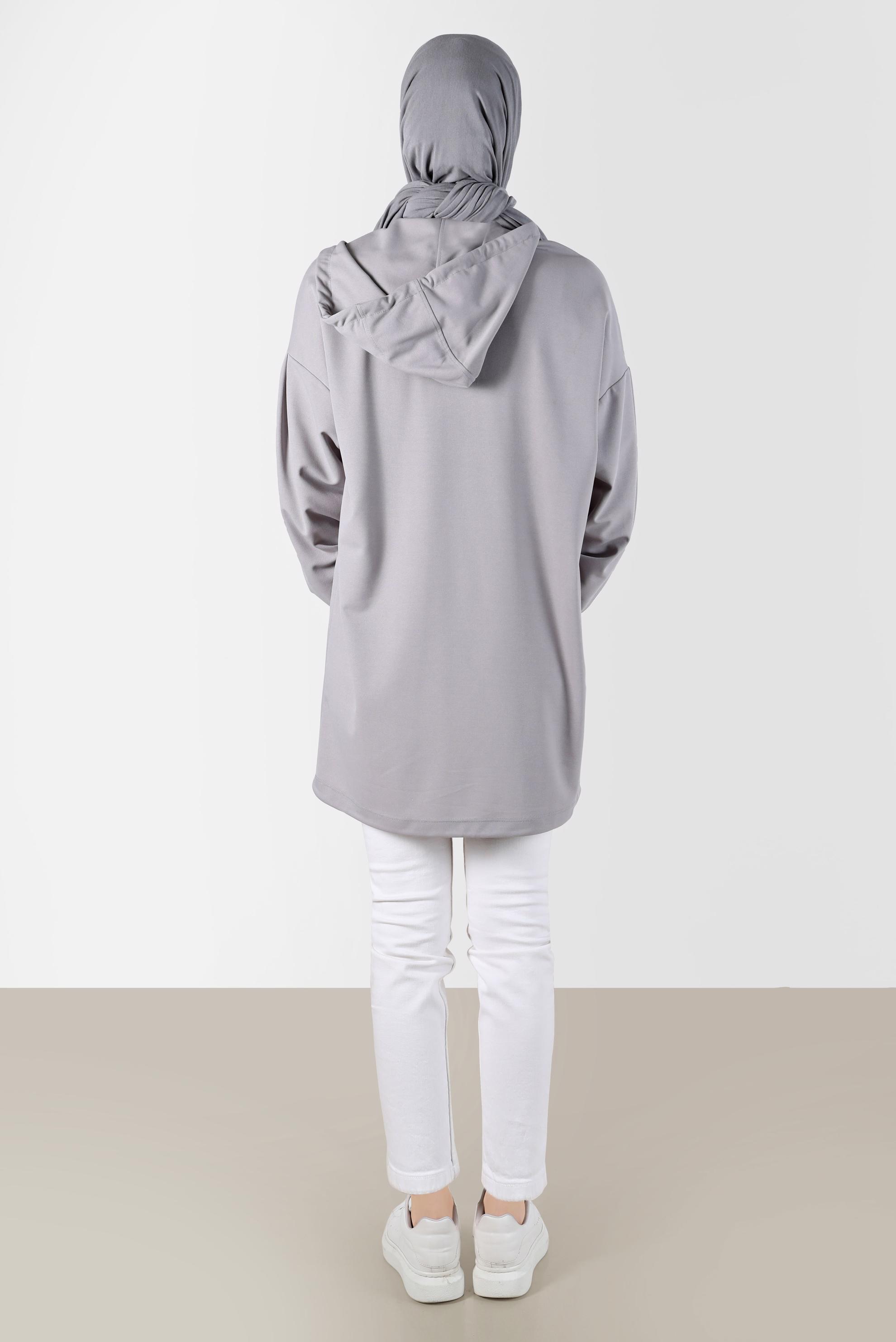 Tesettür giyim GRİ ÇITÇITLI KAPÜŞONLU EŞOFMAN TUNİK 42651 