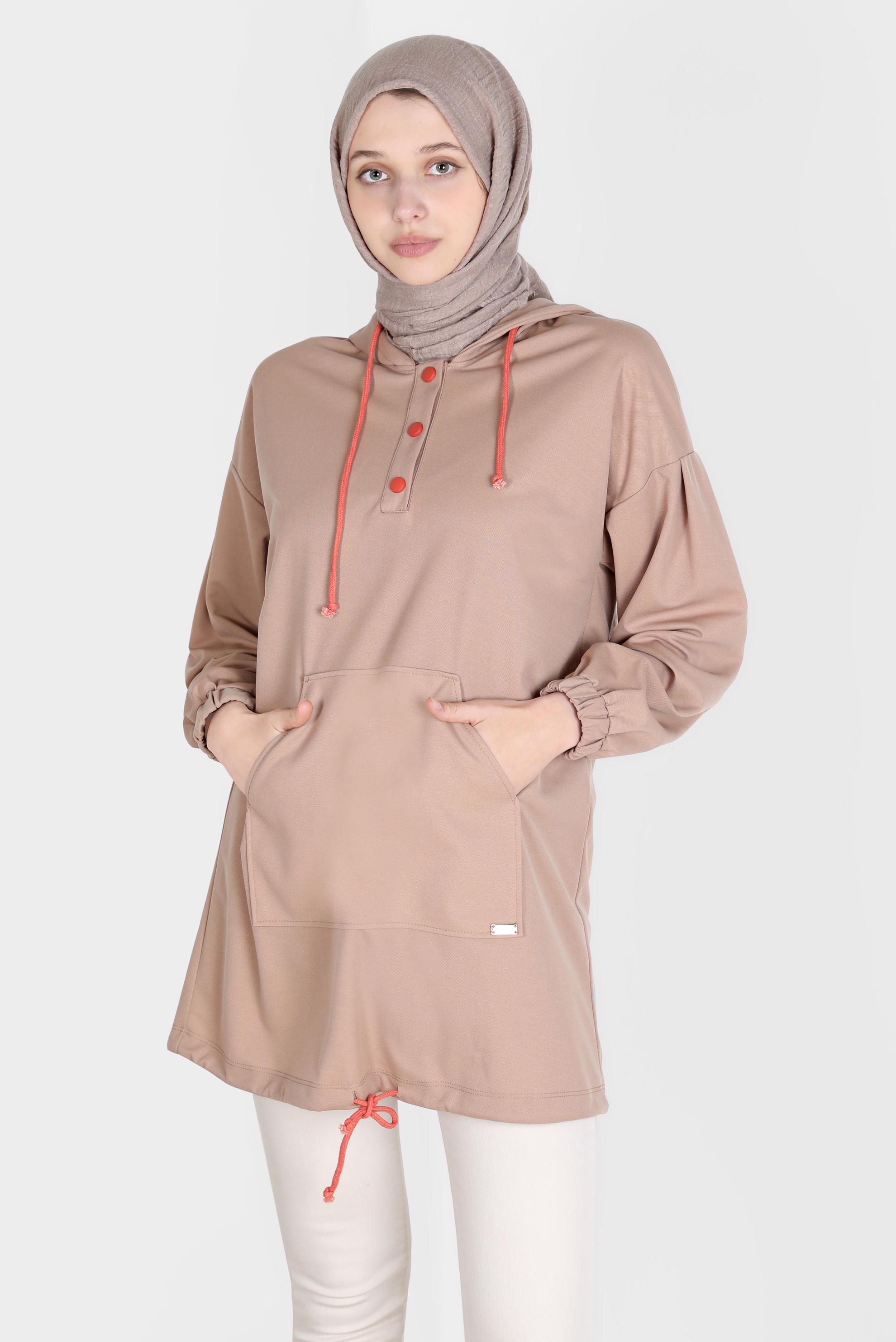 Tesettür giyim KAHVE ÇITÇITLI KAPÜŞONLU EŞOFMAN TUNİK 42651 