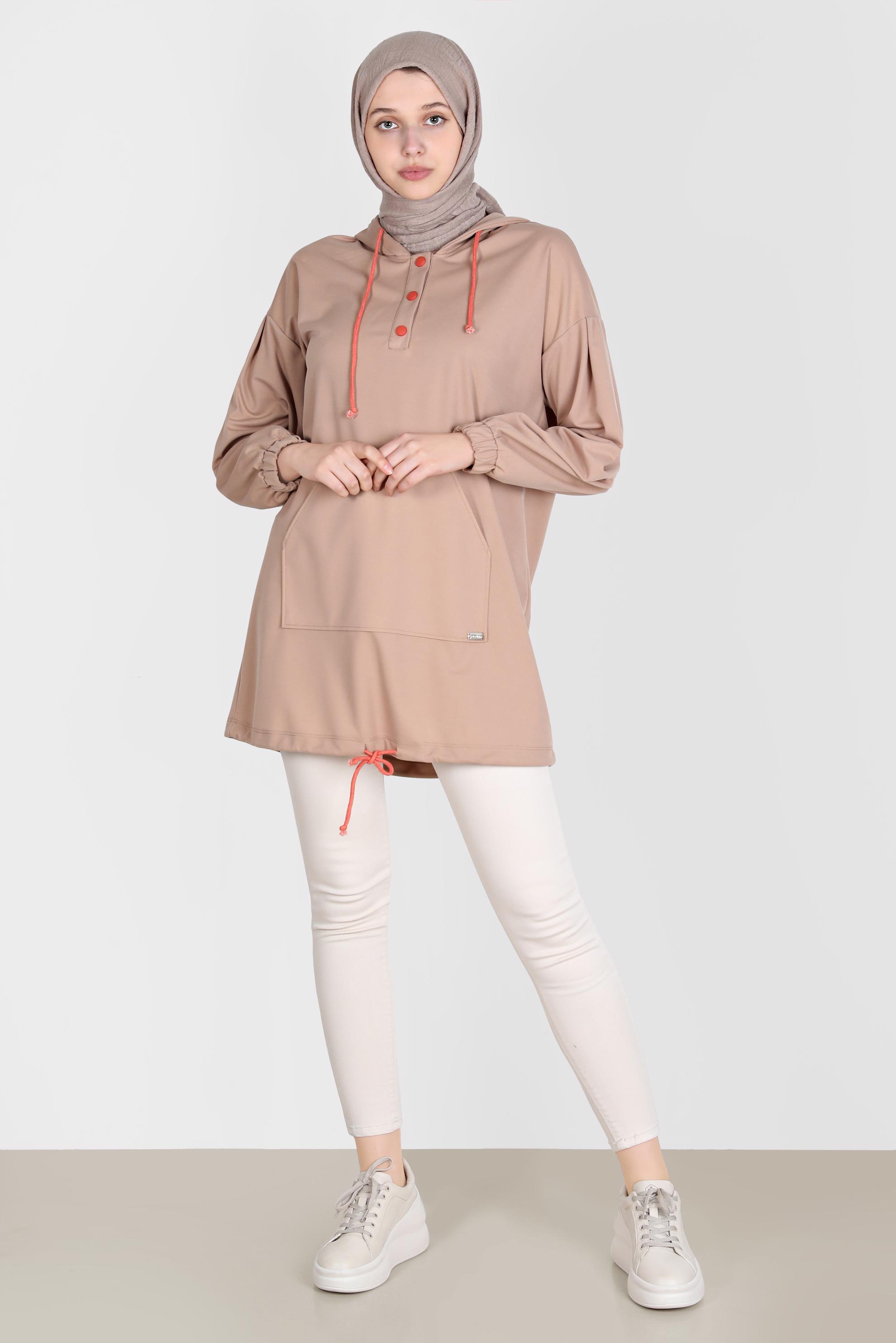 Tesettür giyim KAHVE ÇITÇITLI KAPÜŞONLU EŞOFMAN TUNİK 42651 
